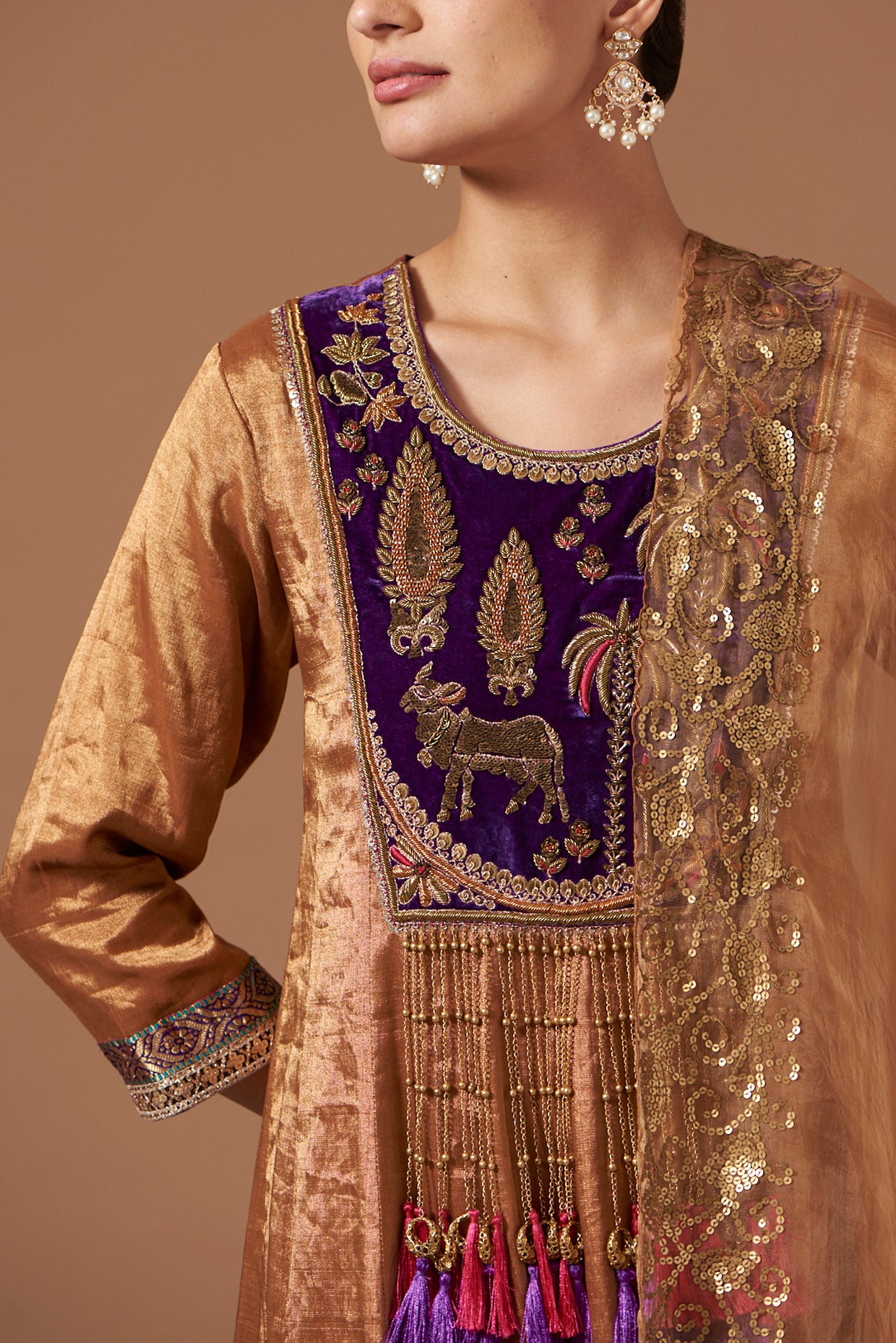 Gold Tissue Anarkali with Embroidered Velvet Yoke & Dupatta