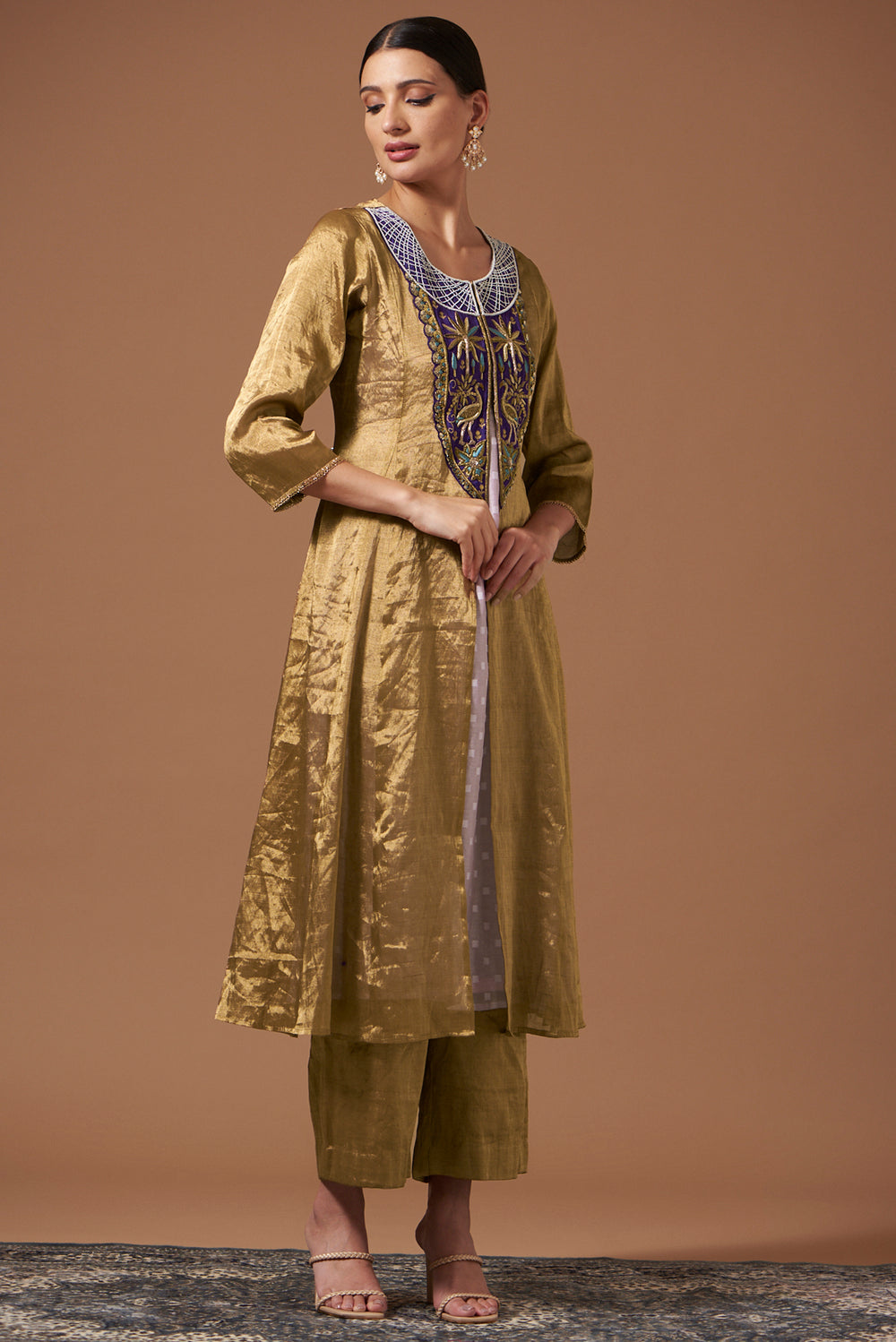 Gold Tissue Cape and Pants with Jaquard Chanderi Inner