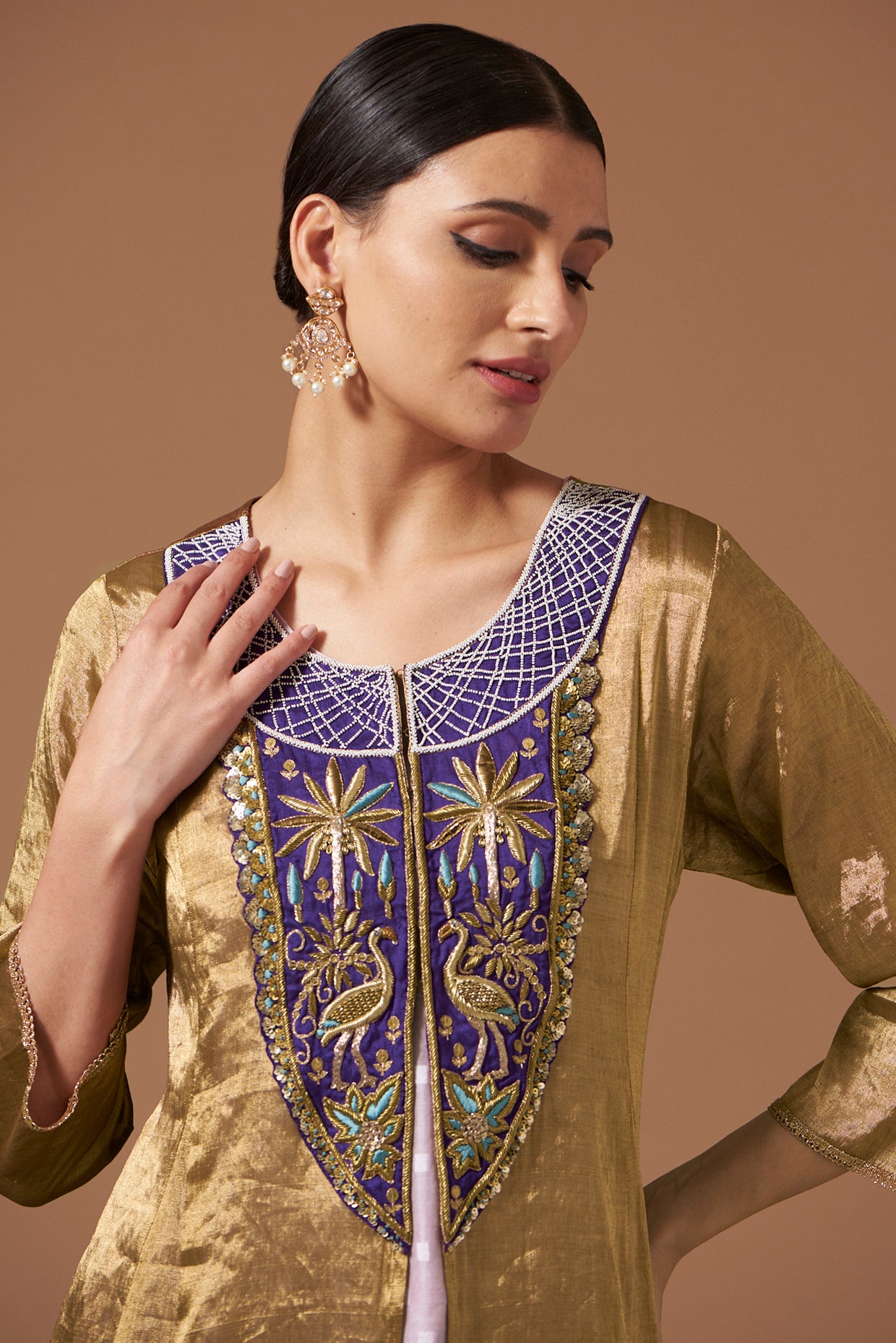 Gold Tissue Cape and Pants with Jaquard Chanderi Inner