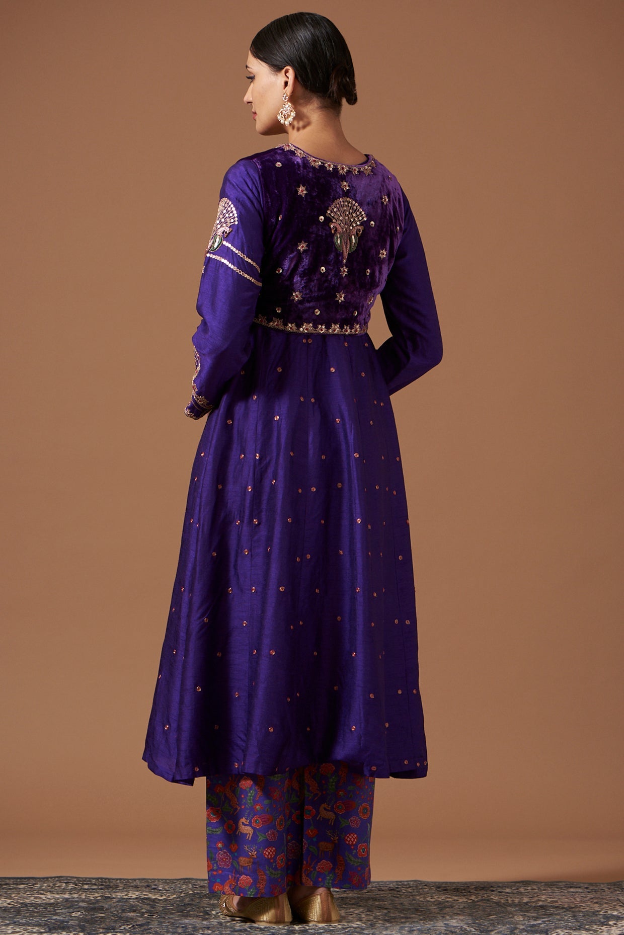 Anarkali Kurta with Velvet Jacket, Printed Pants & Dupatta