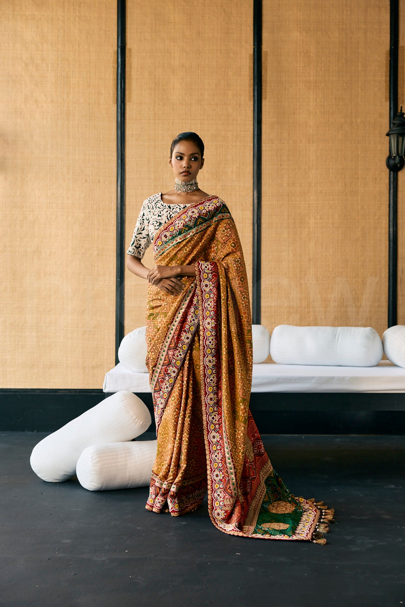 Patola weave saree with Bead embroidery border and Bead embroidery  blouse
