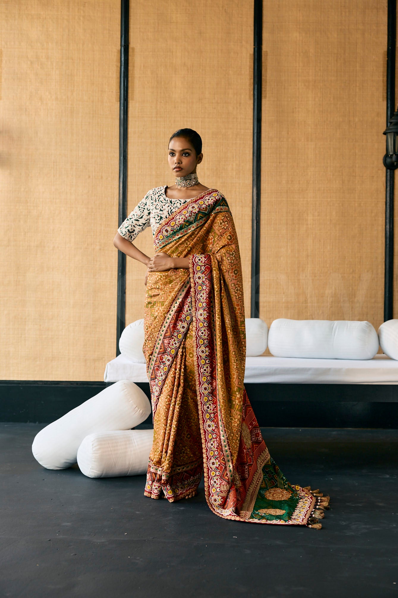 Patola weave saree with Bead embroidery border and Bead embroidery  blouse
