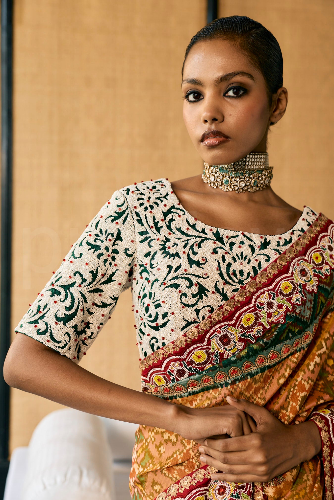 Patola weave saree with Bead embroidery border and Bead embroidery  blouse