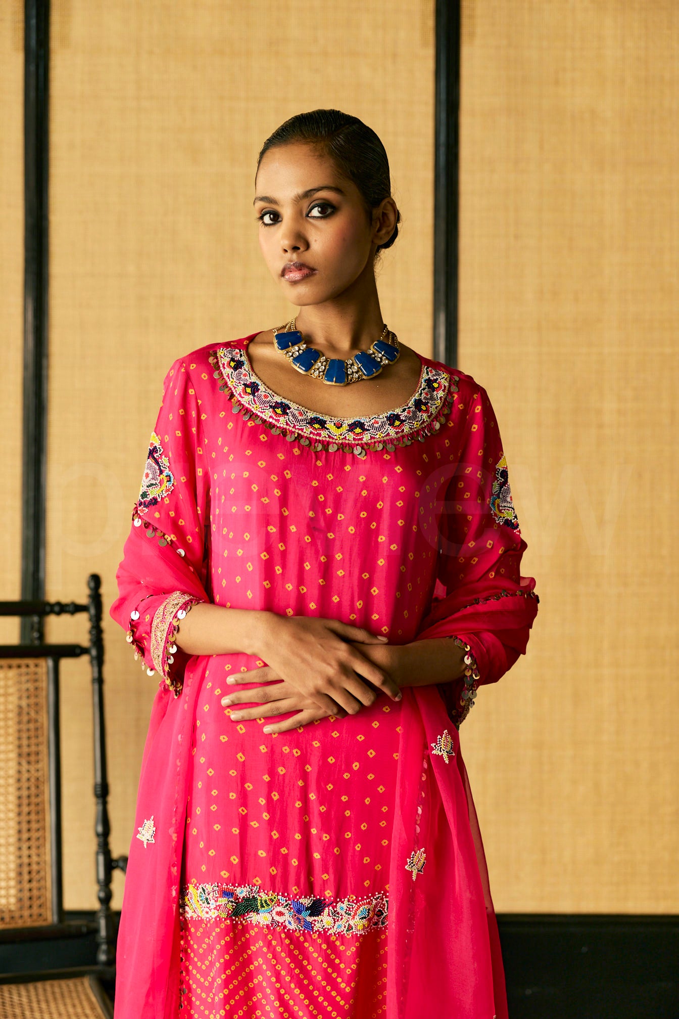 Marori & Bead embroidered kurta along with Dupatta & silk Pants.