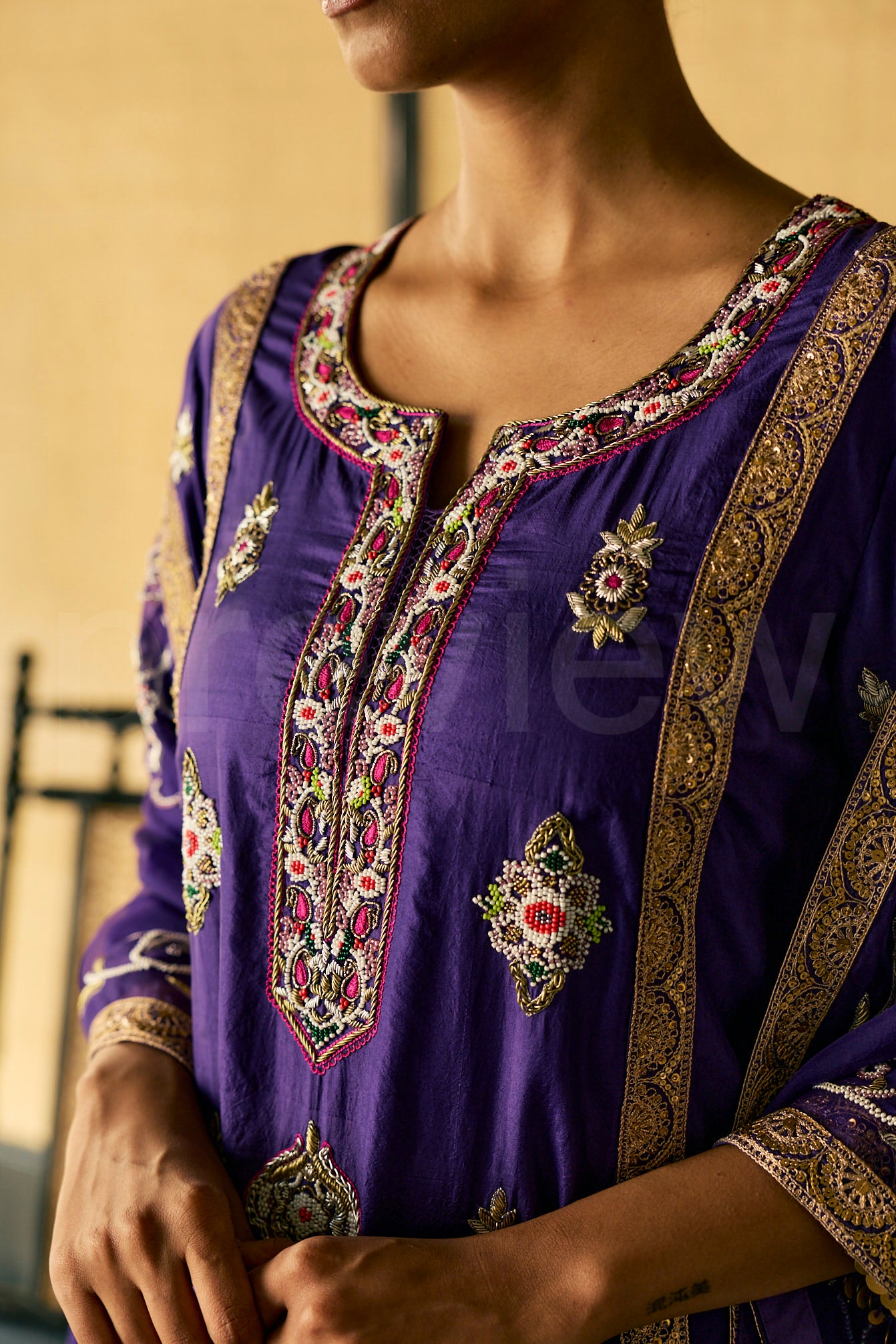 Bead & Zardozi embroidered kurta & Dupatta with Pants.