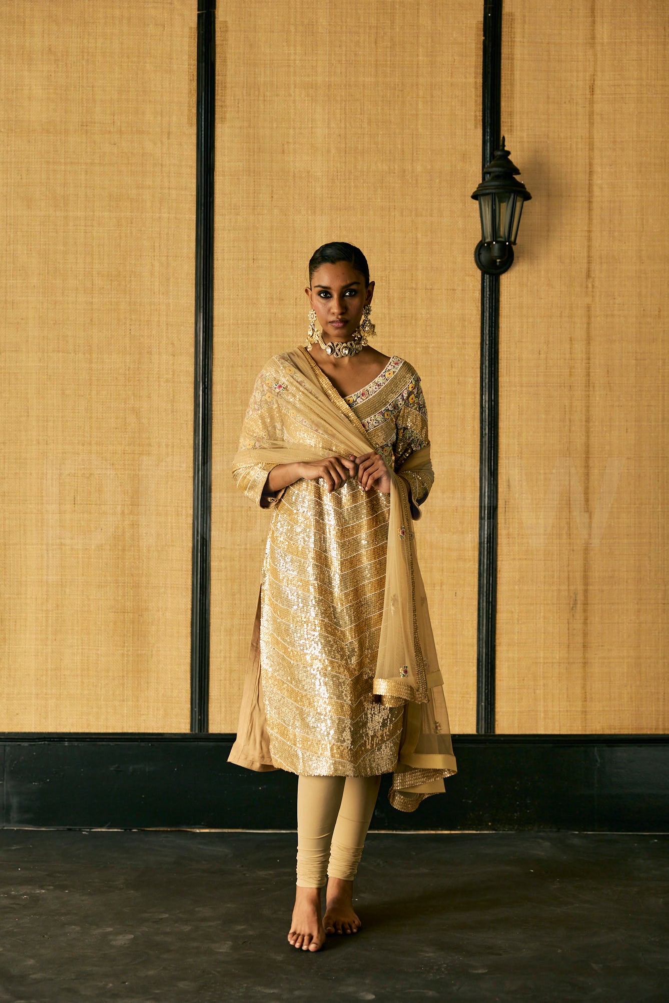 Bead Embroidery long kurta with shimmer embroidery , Churidaar and Dupatta