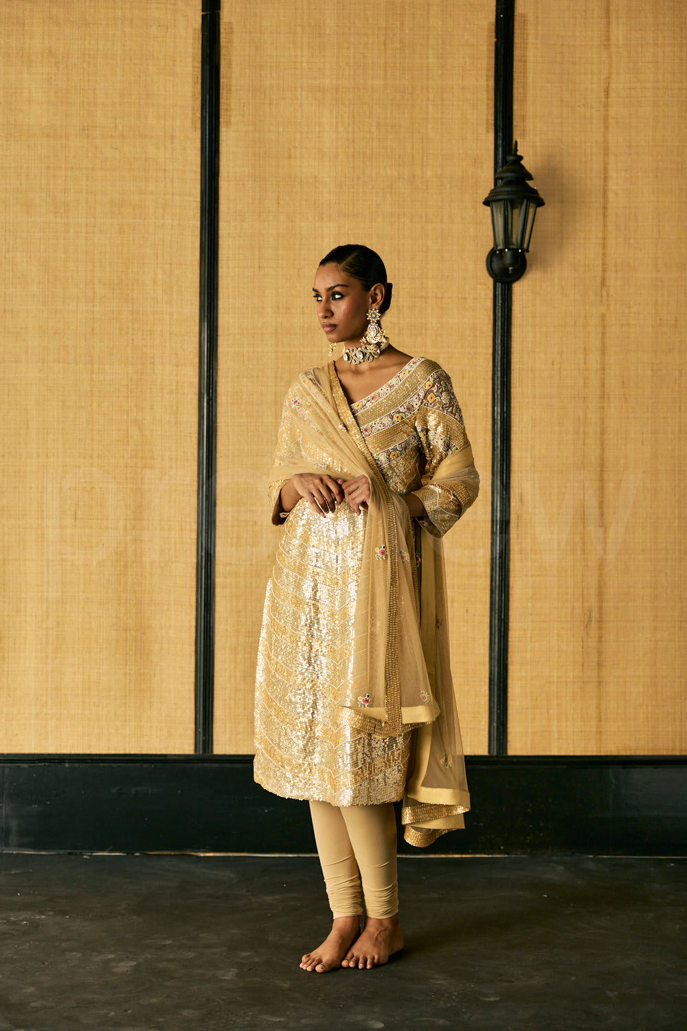 Bead Embroidery long kurta with shimmer embroidery , Churidaar and Dupatta