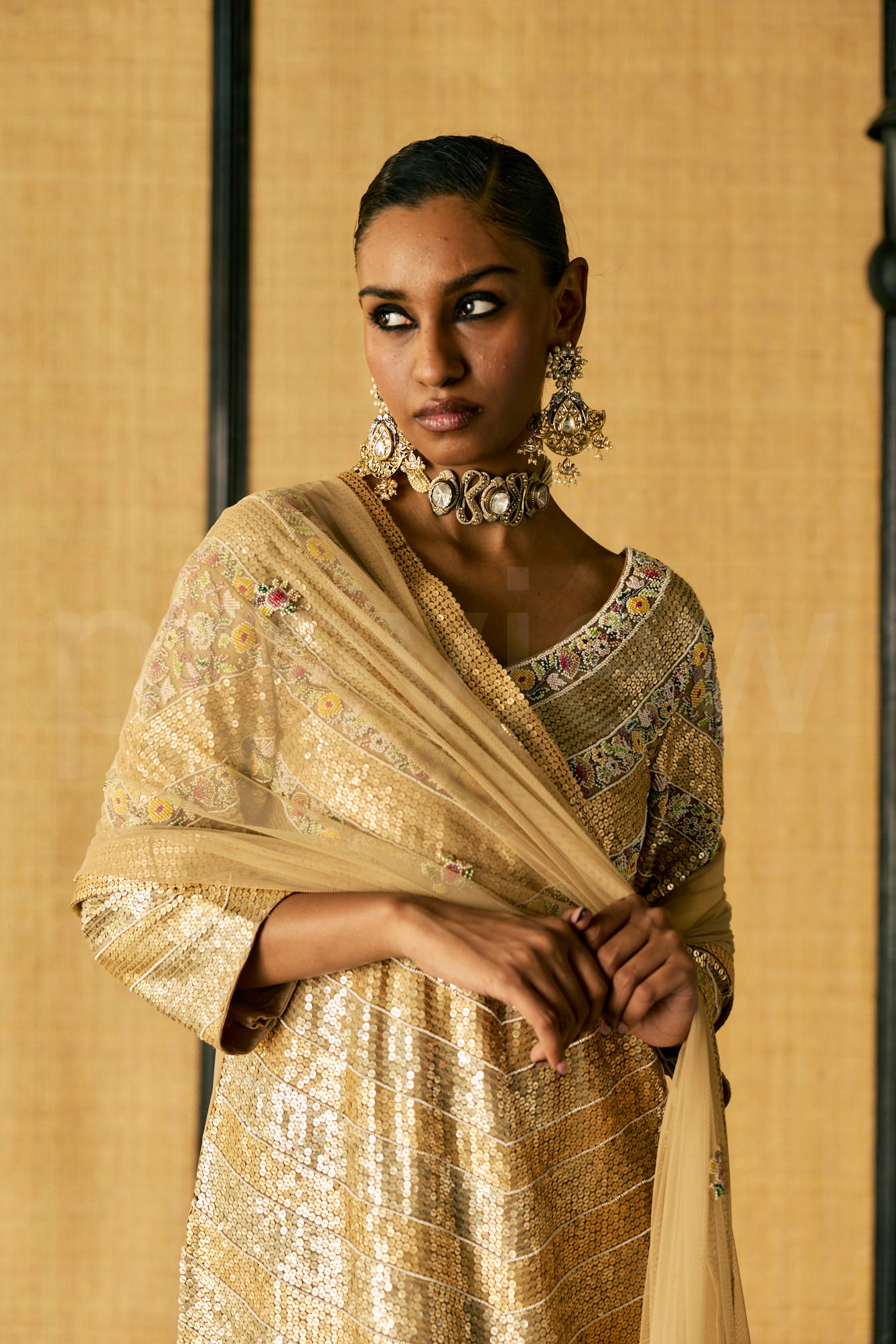 Bead Embroidery long kurta with shimmer embroidery , Churidaar and Dupatta