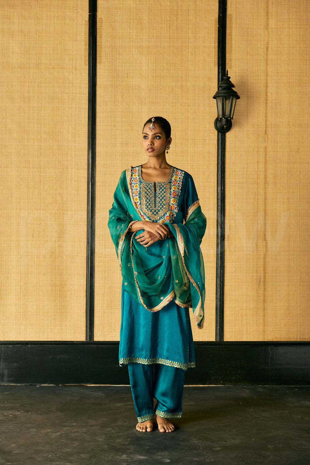 Bead & Marori Embroidery long kurta with pants and Silk Organza Dupatta