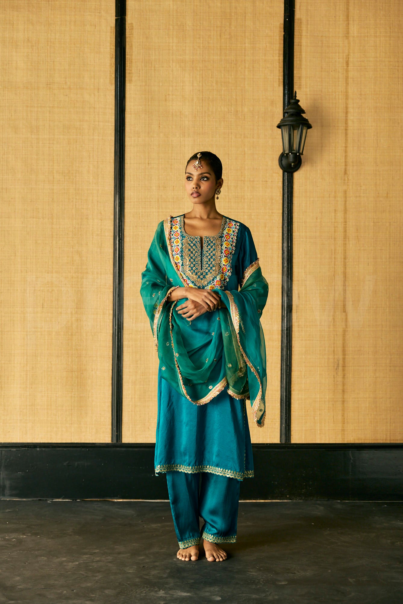 Bead & Marori Embroidery long kurta with pants and Silk Organza Dupatta