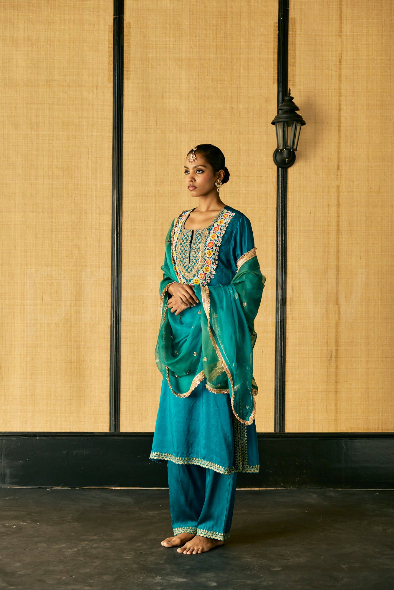 Bead & Marori Embroidery long kurta with pants and Silk Organza Dupatta