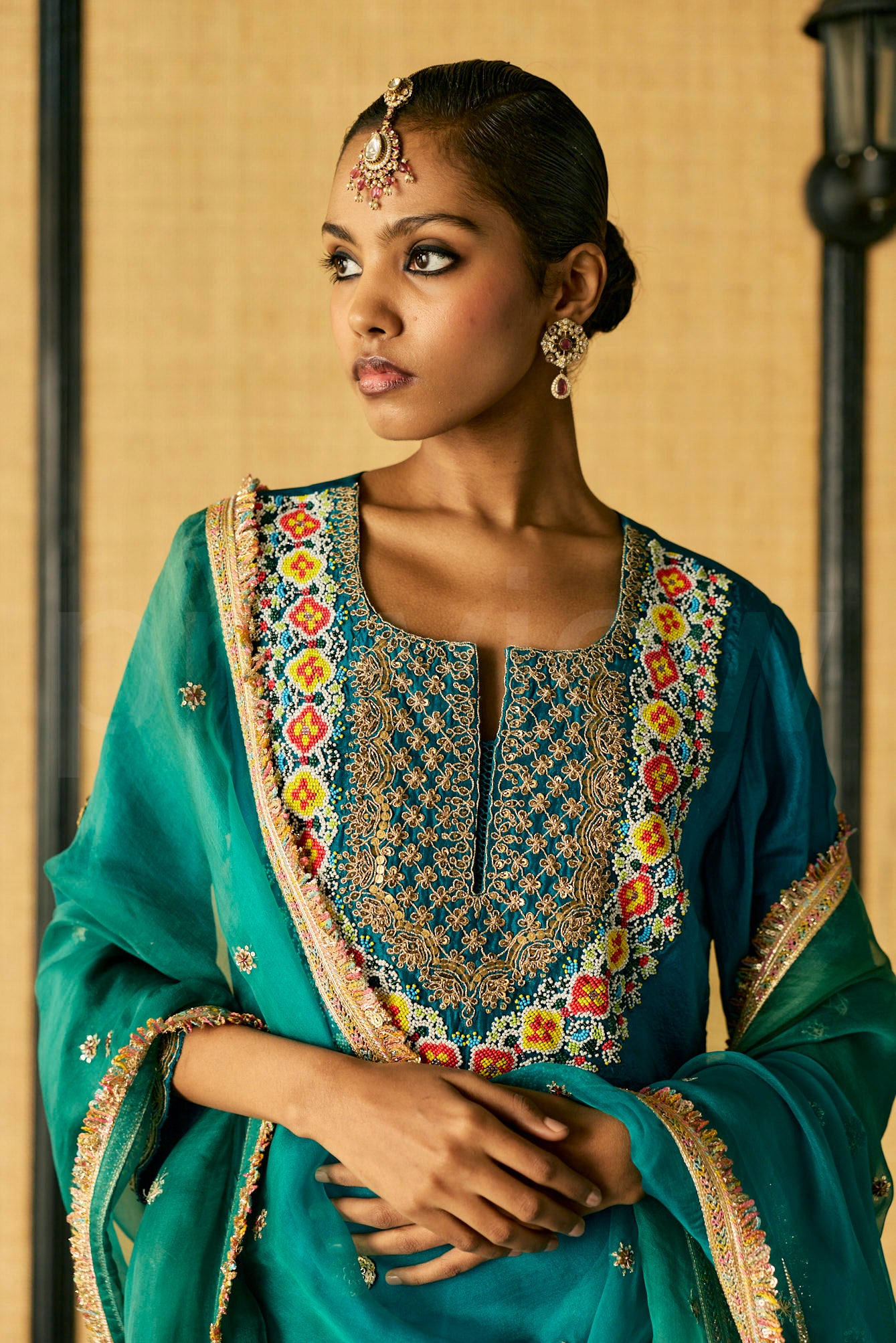 Bead & Marori Embroidery long kurta with pants and Silk Organza Dupatta