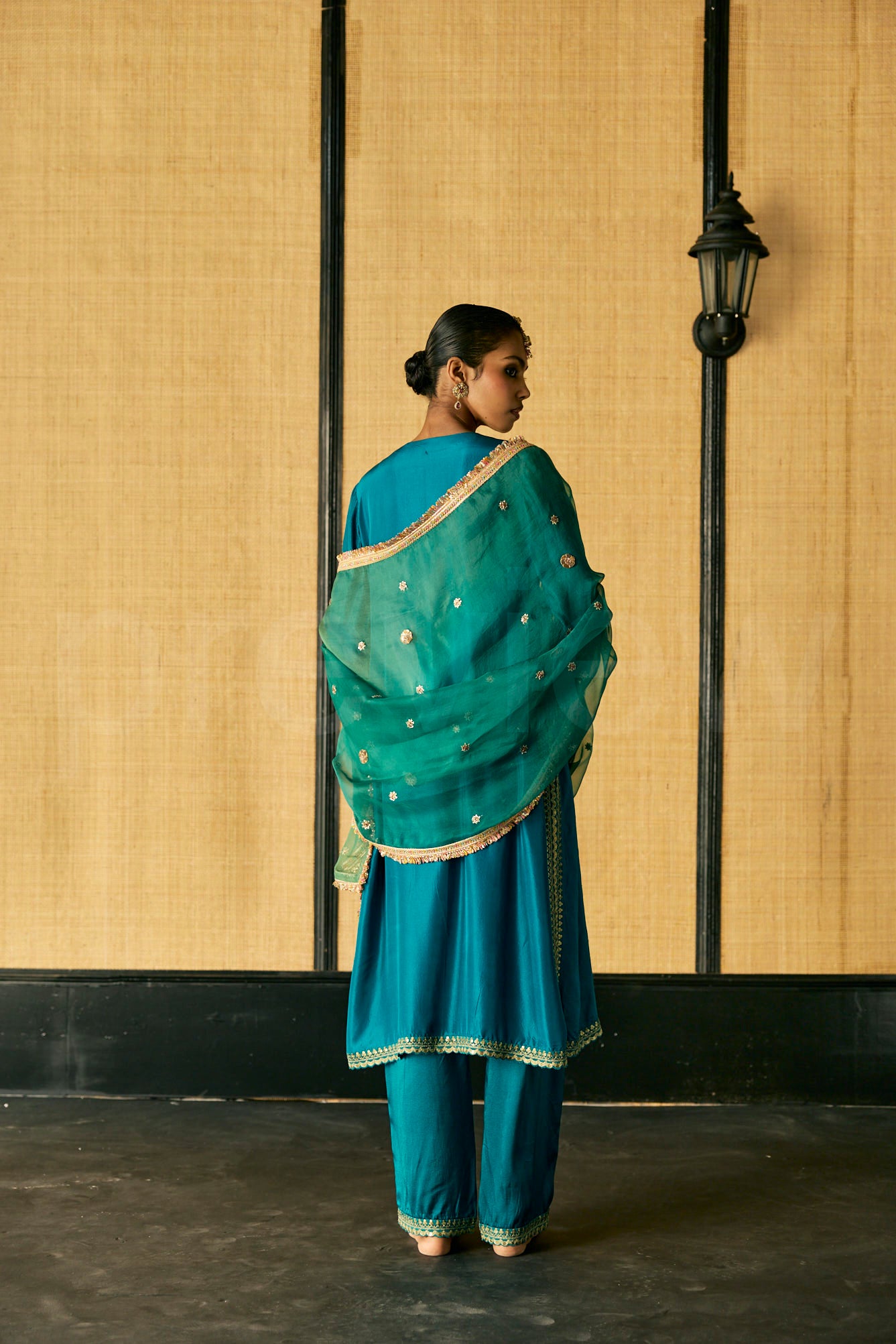 Bead & Marori Embroidery long kurta with pants and Silk Organza Dupatta