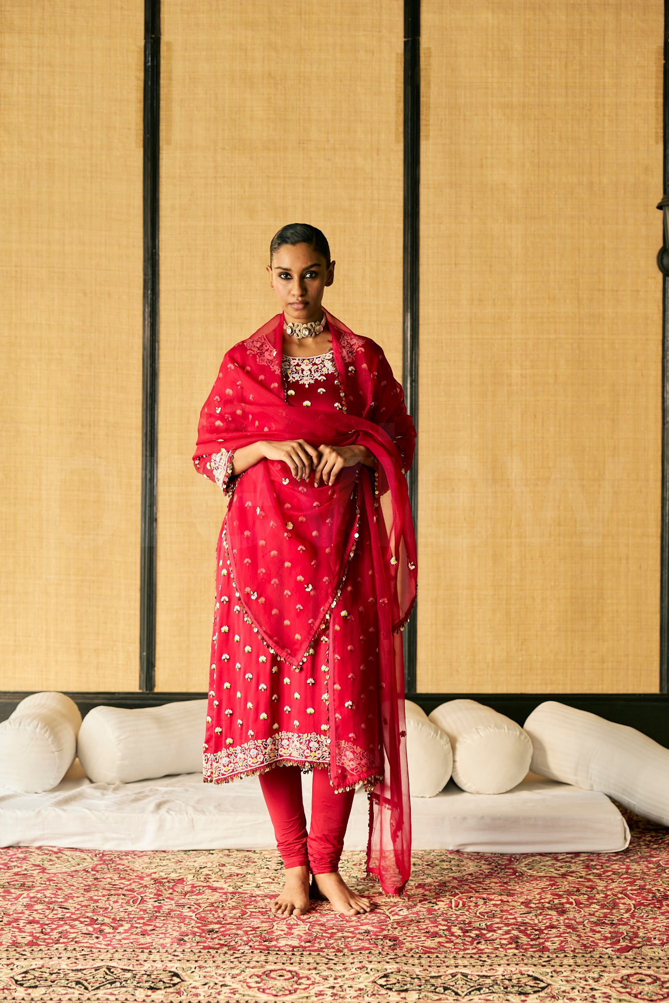 Bead & Marori Embroidery long kurta with pants and Silk Organza Dupatta