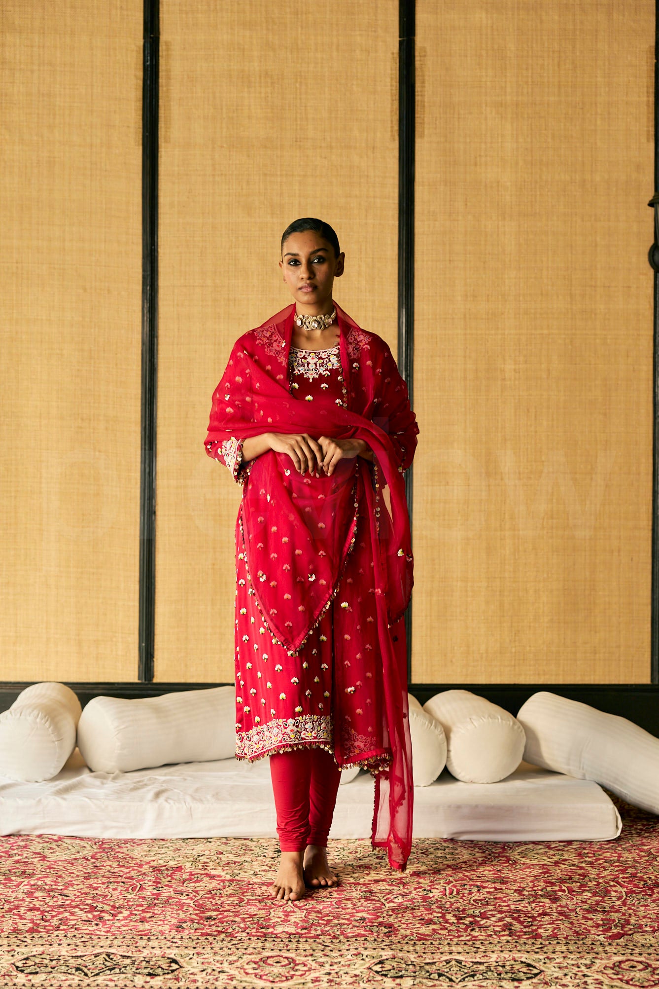 Bead & Marori Embroidery long kurta with pants and Silk Organza Dupatta
