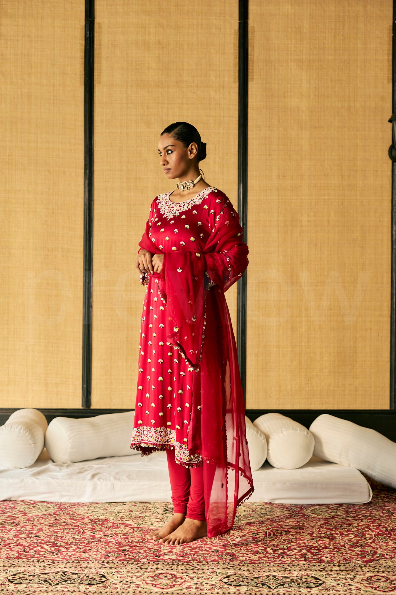 Bead & Marori Embroidery long kurta with pants and Silk Organza Dupatta