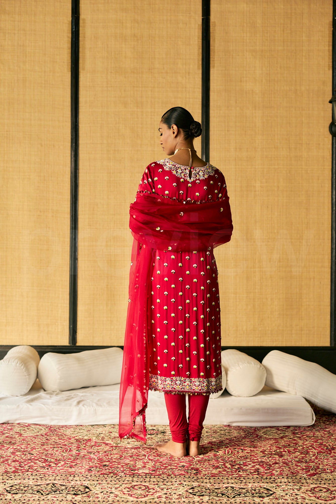 Bead & Marori Embroidery long kurta with pants and Silk Organza Dupatta