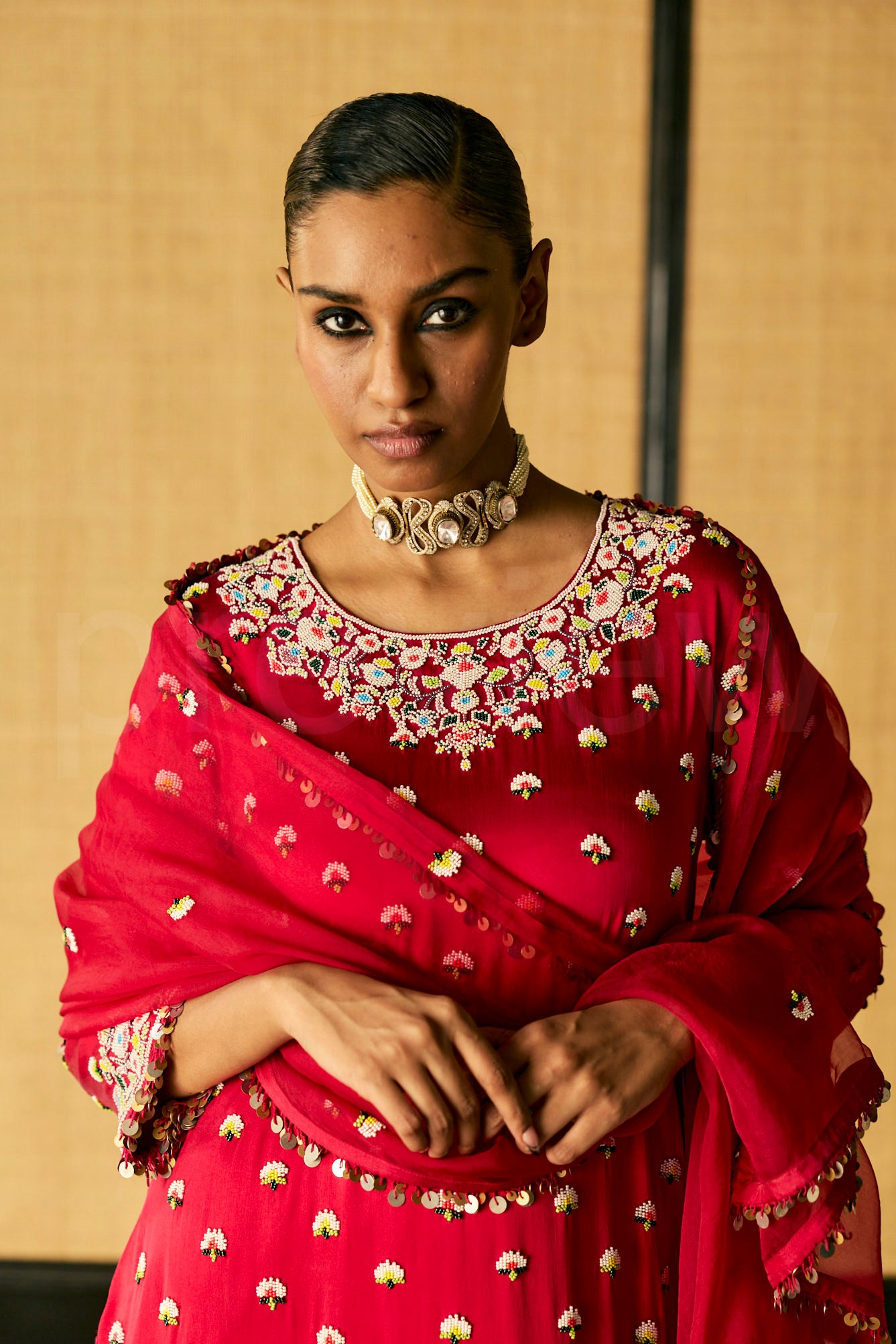 Bead & Marori Embroidery long kurta with pants and Silk Organza Dupatta
