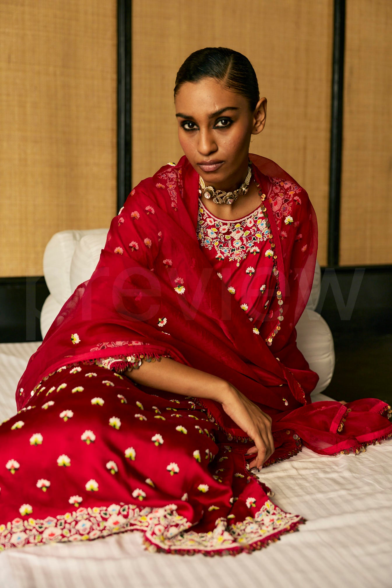 Bead & Marori Embroidery long kurta with pants and Silk Organza Dupatta