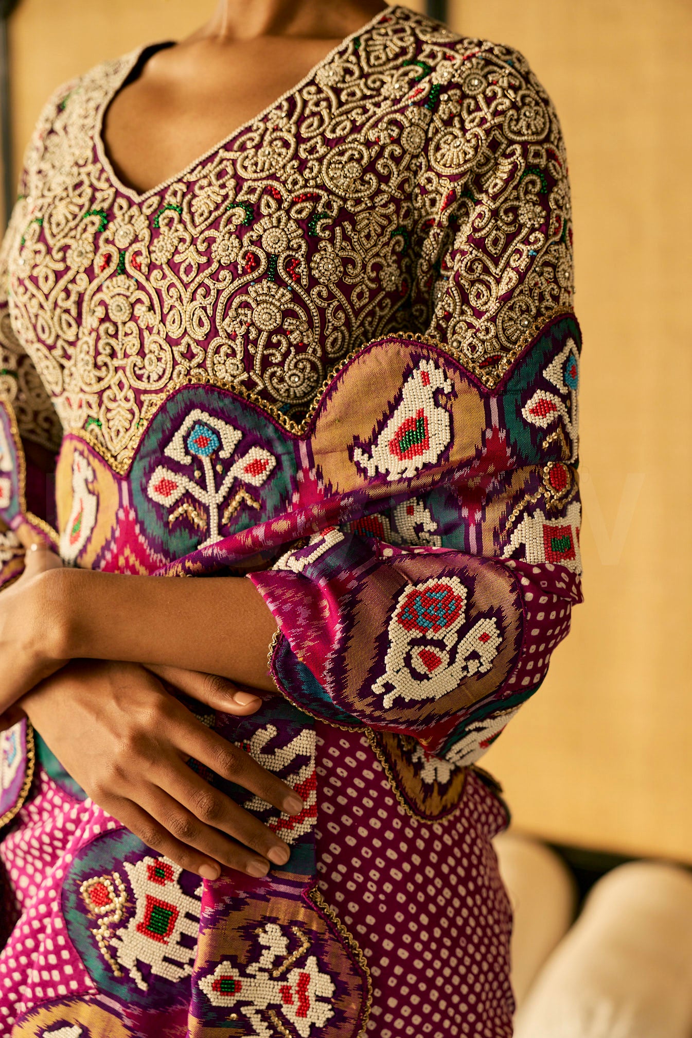 Bead Embroidery saree in Bandhej with Patola border & Embroidered Blouse