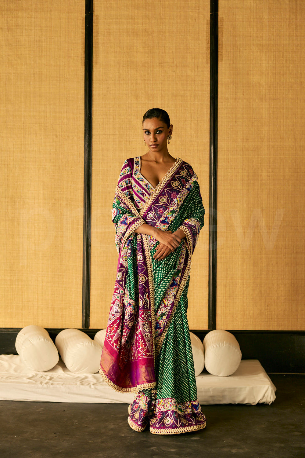 Bead Embroidery saree in Bandhej with Patola border & Embroidered Blouse