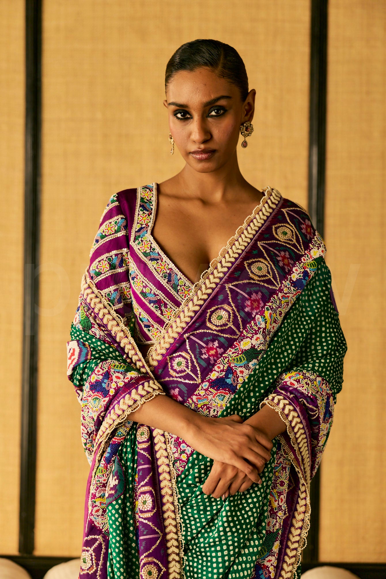 Bead Embroidery saree in Bandhej with Patola border & Embroidered Blouse
