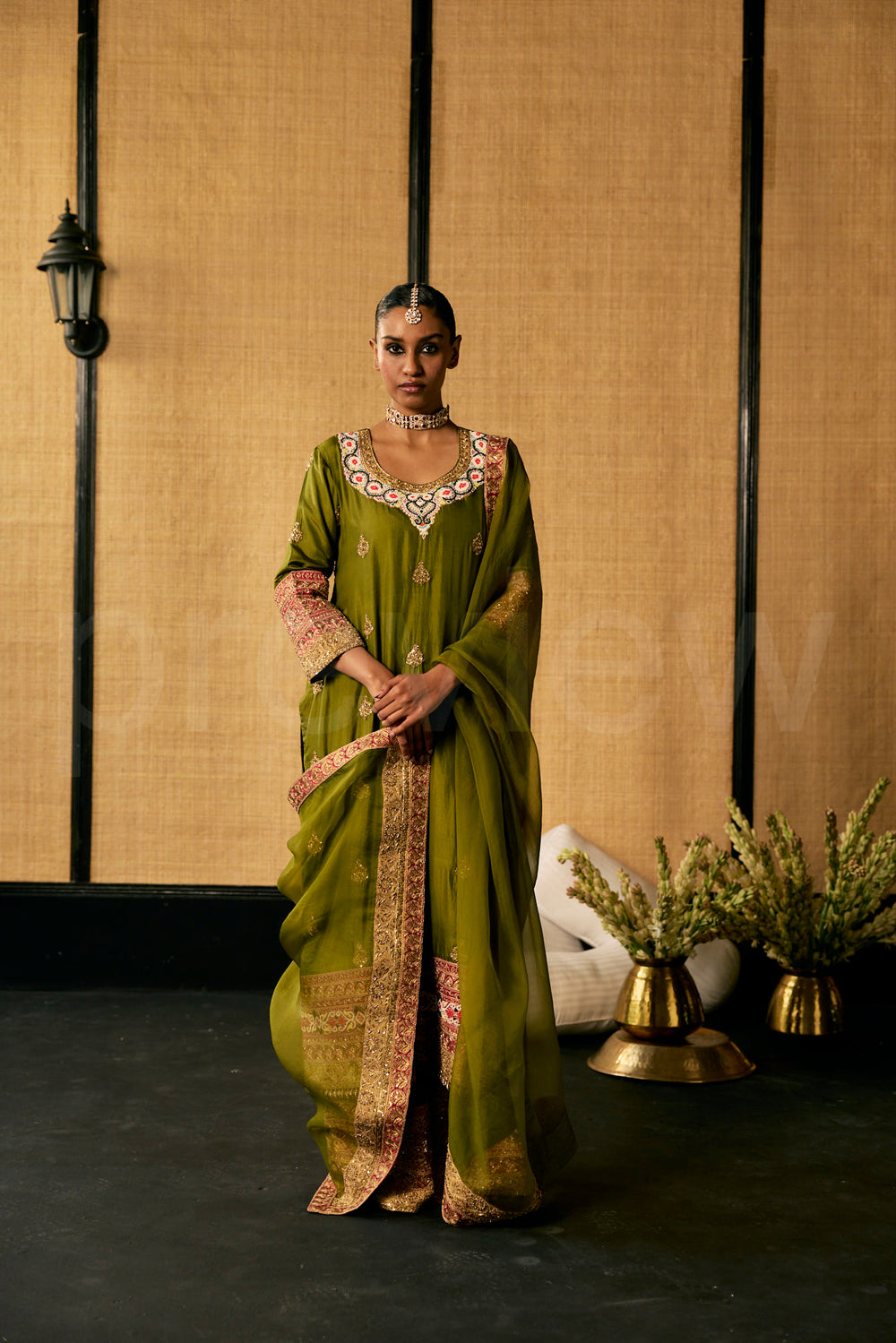Silk kurta and Pallazos with embroidery along with Organza Dupatta