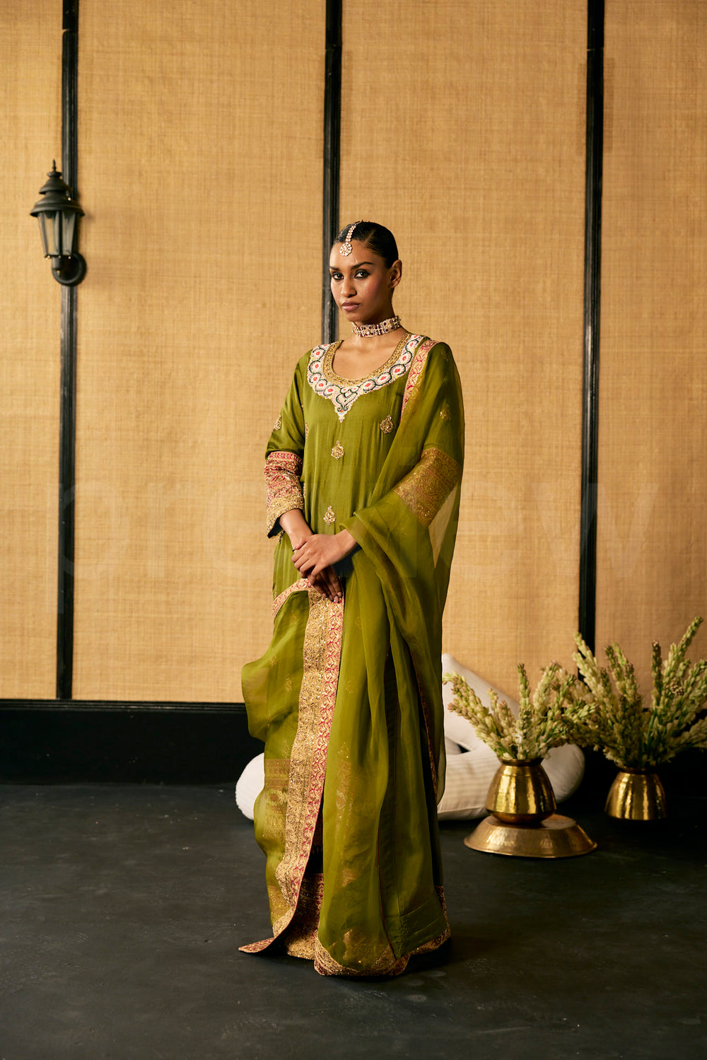 Silk kurta and Pallazos with embroidery along with Organza Dupatta