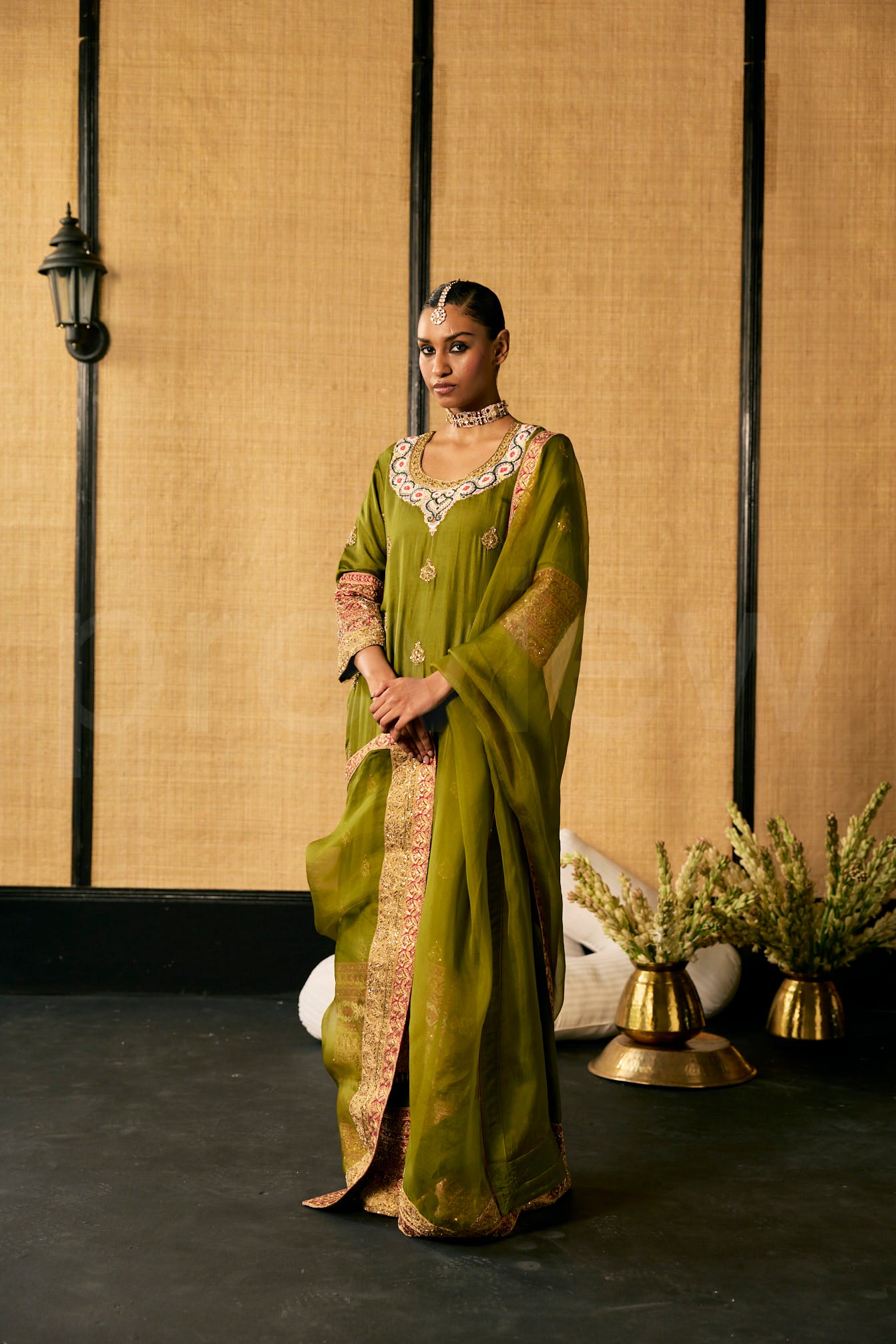 Silk kurta and Pallazos with embroidery along with Organza Dupatta