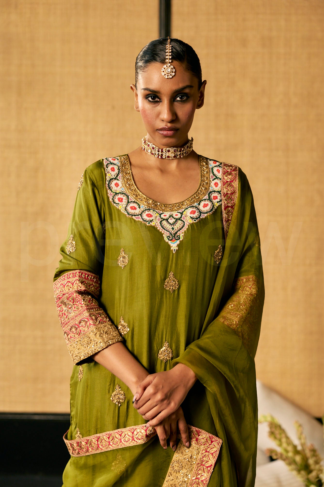 Silk kurta and Pallazos with embroidery along with Organza Dupatta