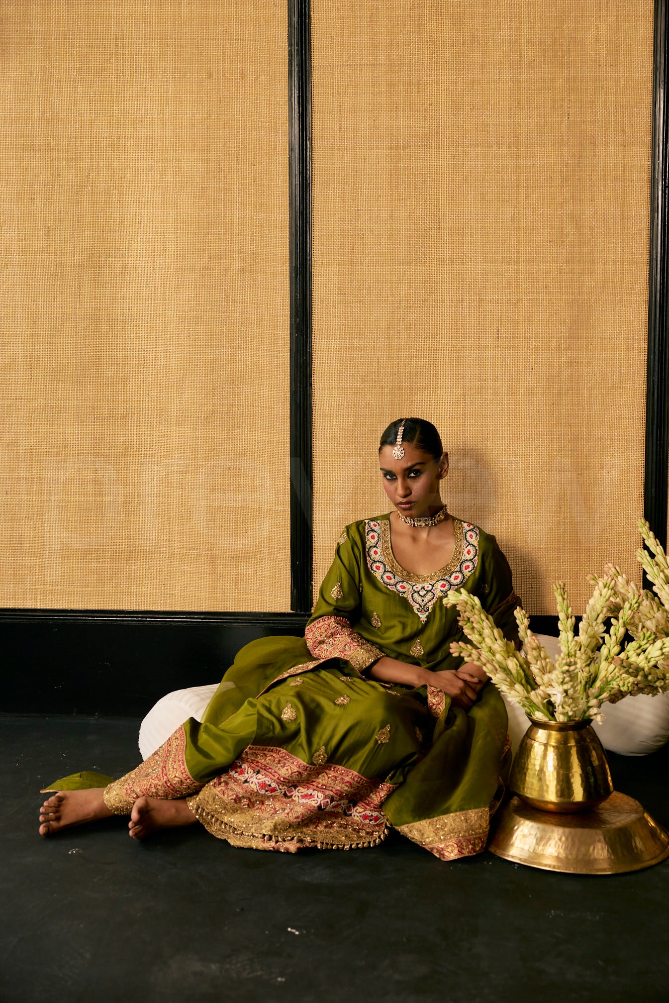 Silk kurta and Pallazos with embroidery along with Organza Dupatta