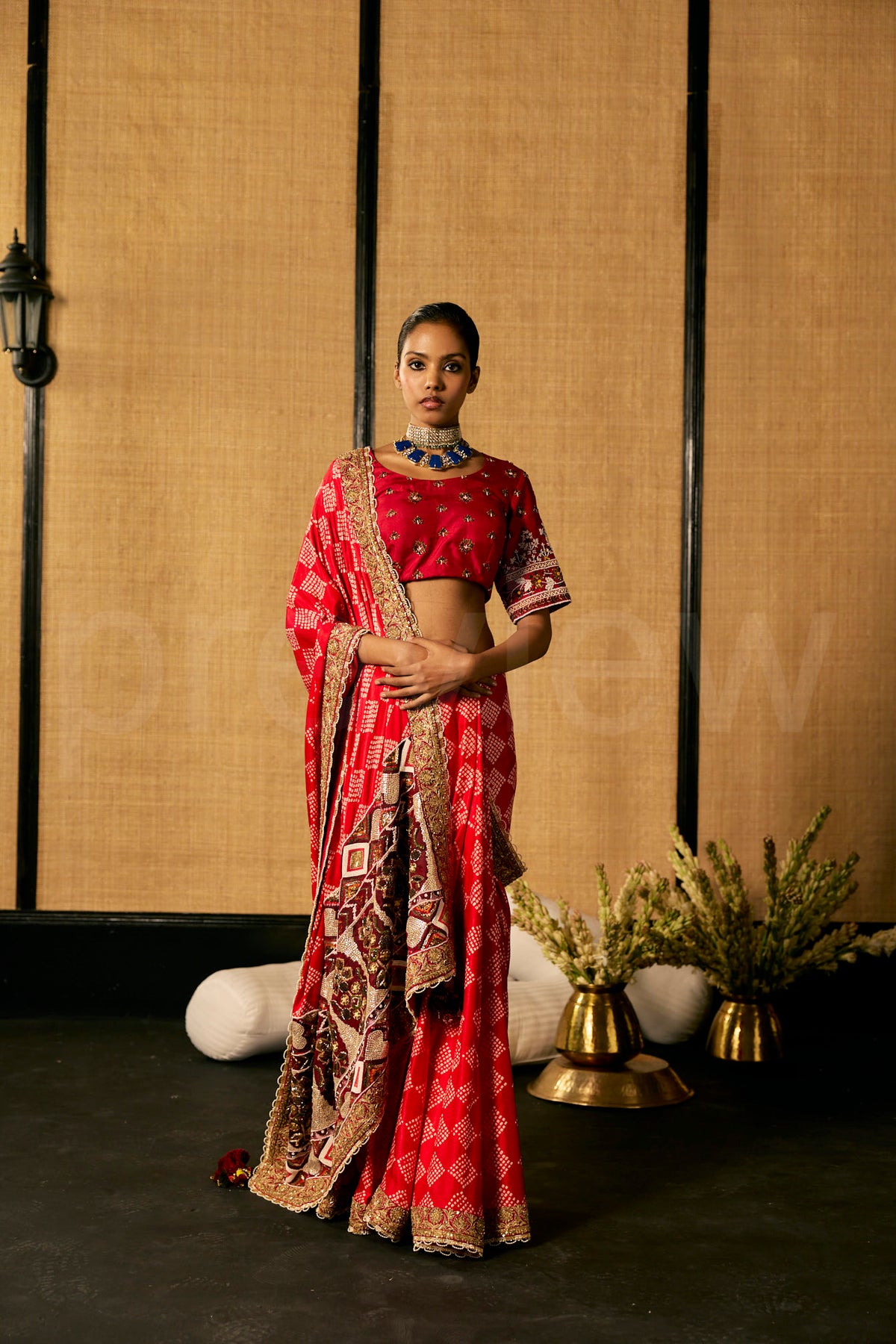 Bead Embroidery Red Badhej saree with Embroidered Blouse