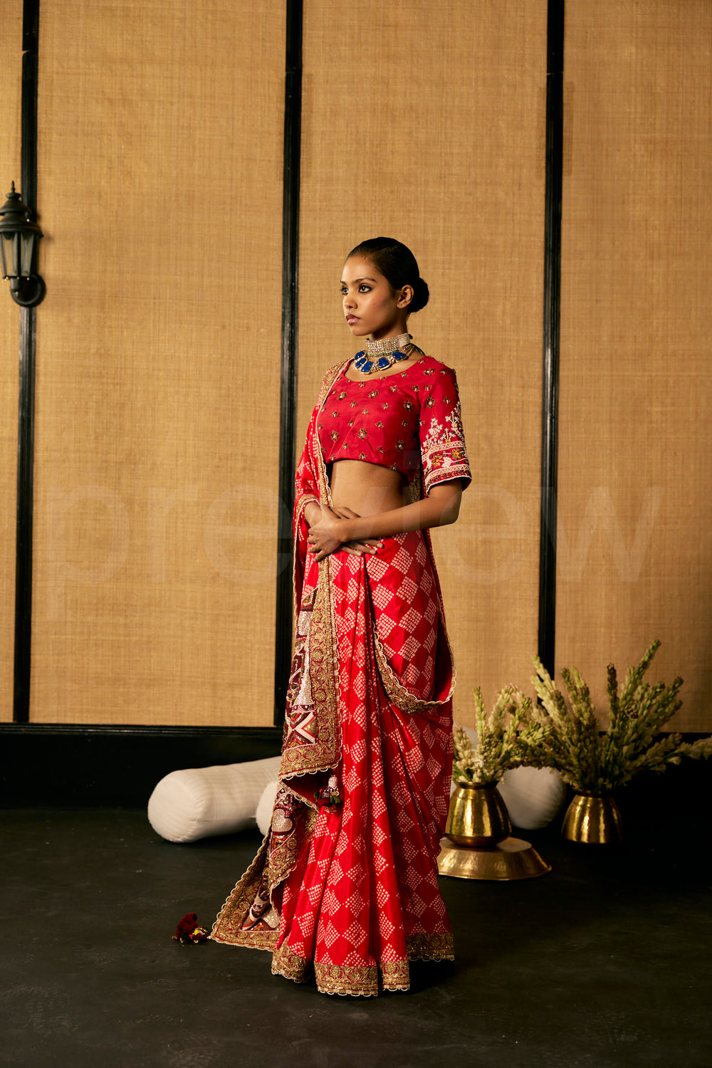 Bead Embroidery Red Badhej saree with Embroidered Blouse