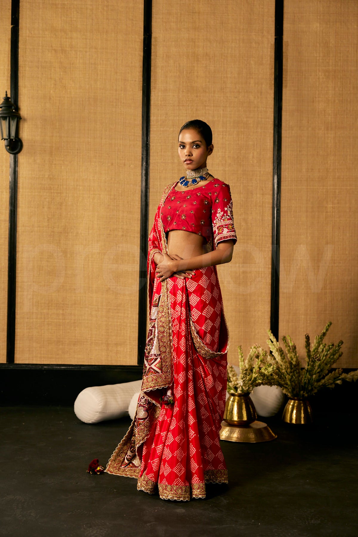 Bead Embroidery Red Badhej saree with Embroidered Blouse