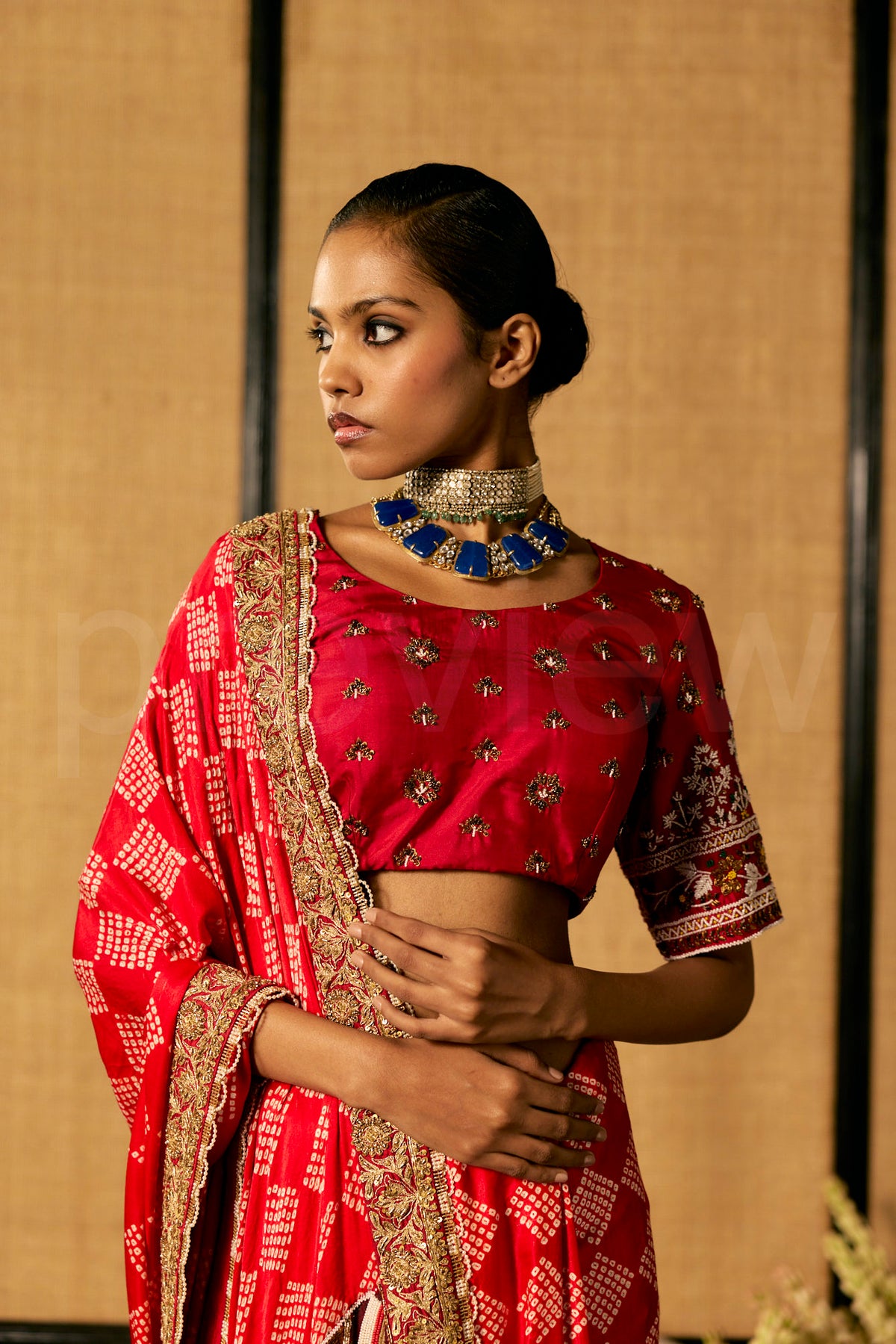 Bead Embroidery Red Badhej saree with Embroidered Blouse