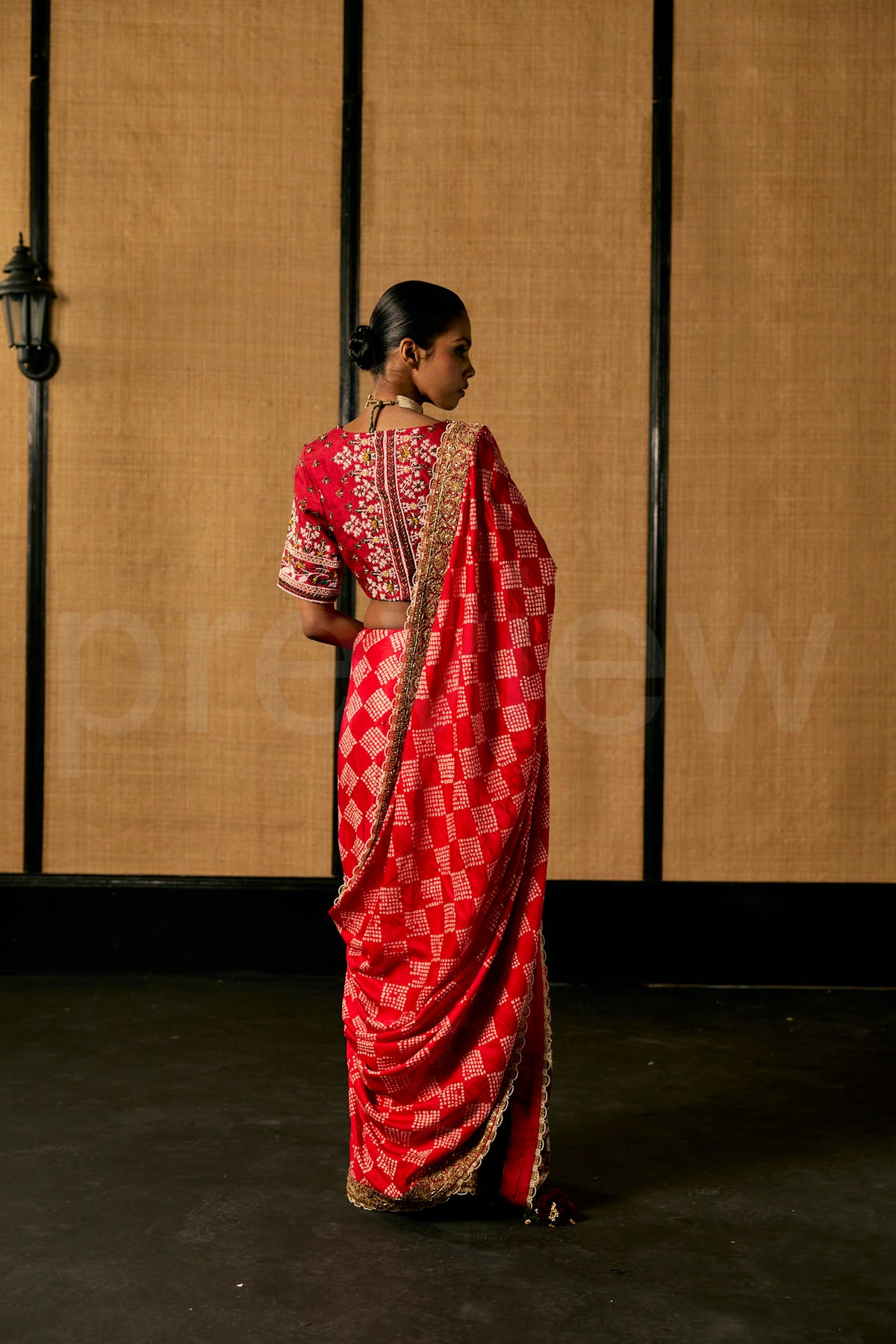 Bead Embroidery Red Badhej saree with Embroidered Blouse