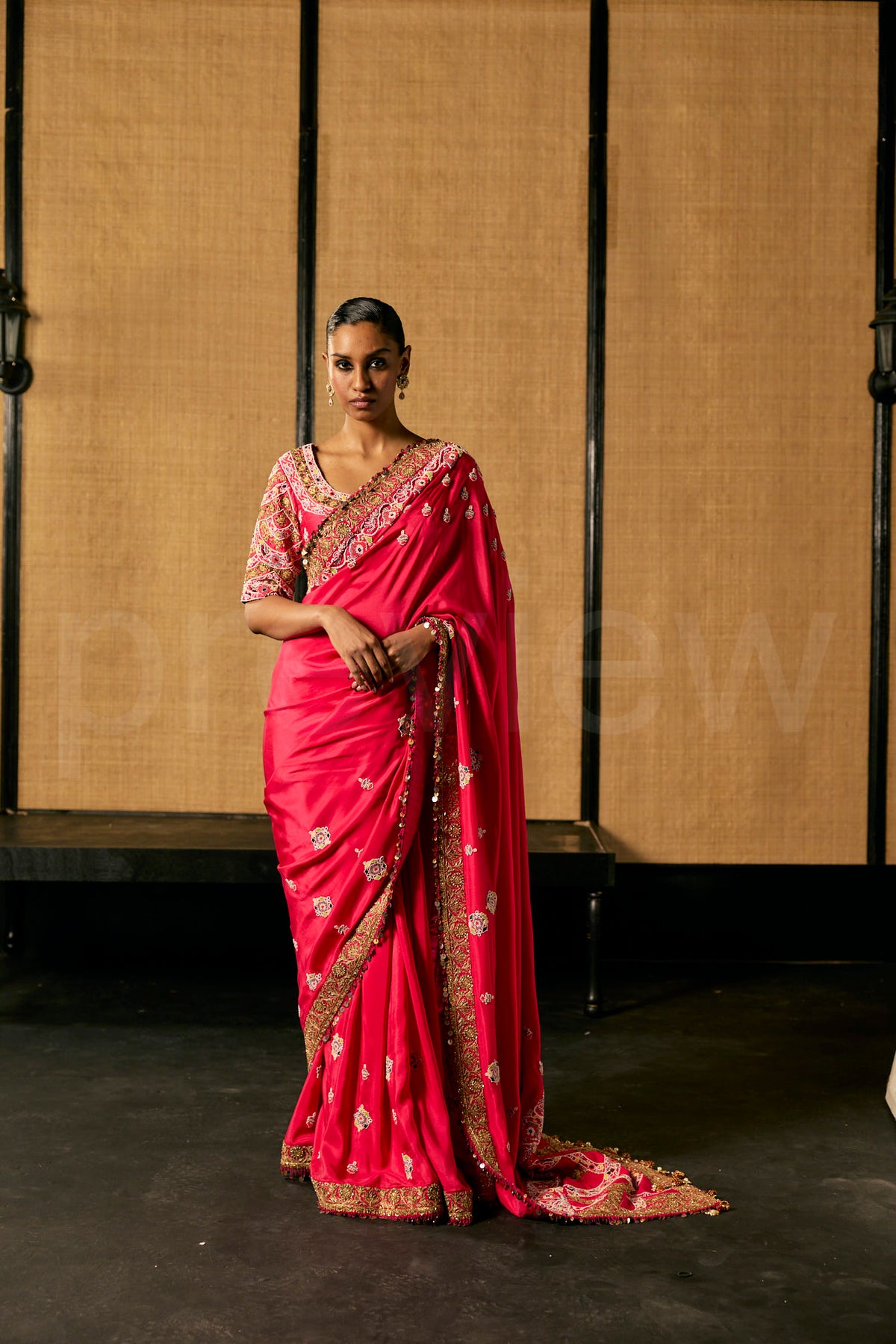 Bead Embroidery saree in Magenta silk with Embroidered Blouse