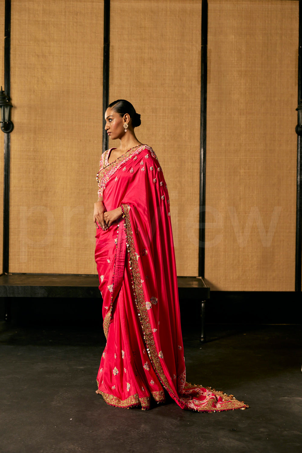 Bead Embroidery saree in Magenta silk with Embroidered Blouse