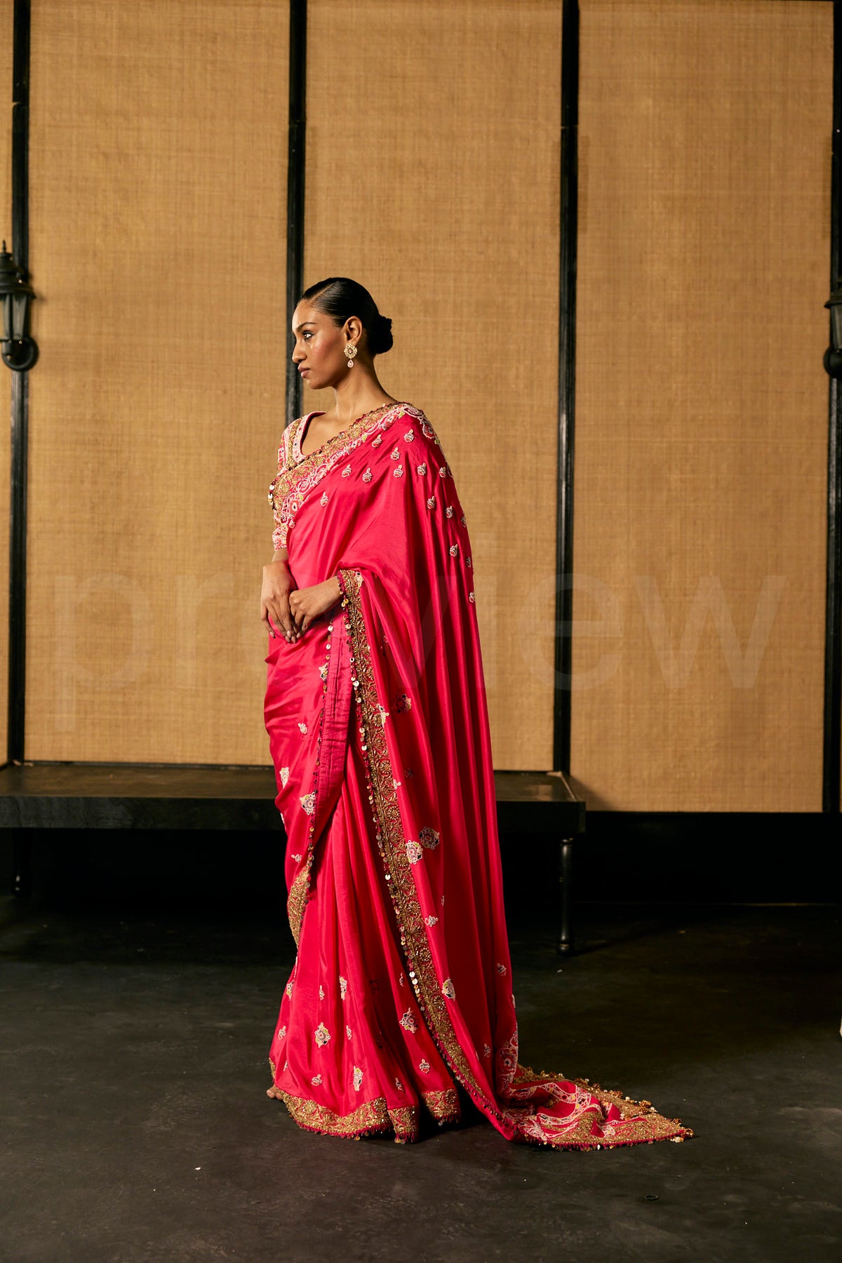 Bead Embroidery saree in Magenta silk with Embroidered Blouse