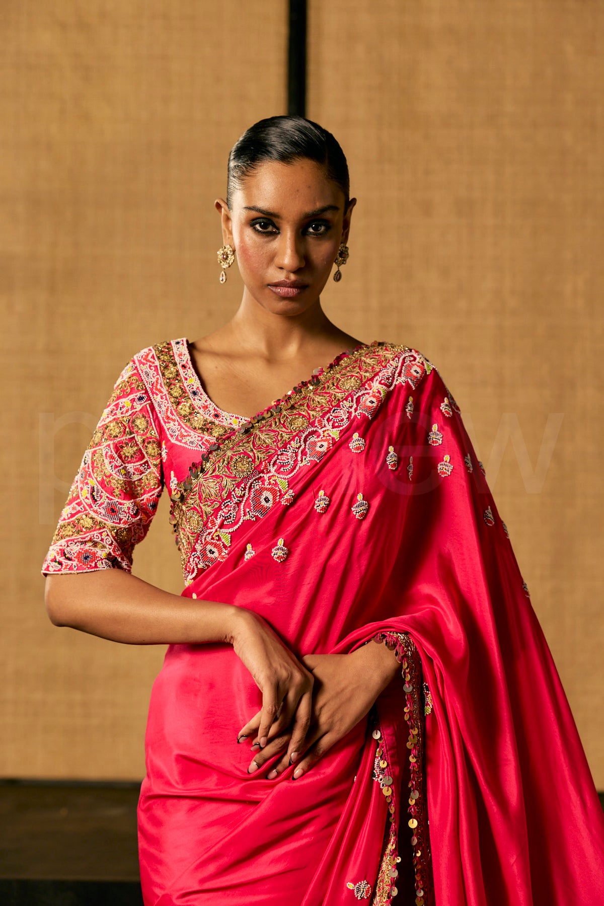Bead Embroidery saree in Magenta silk with Embroidered Blouse
