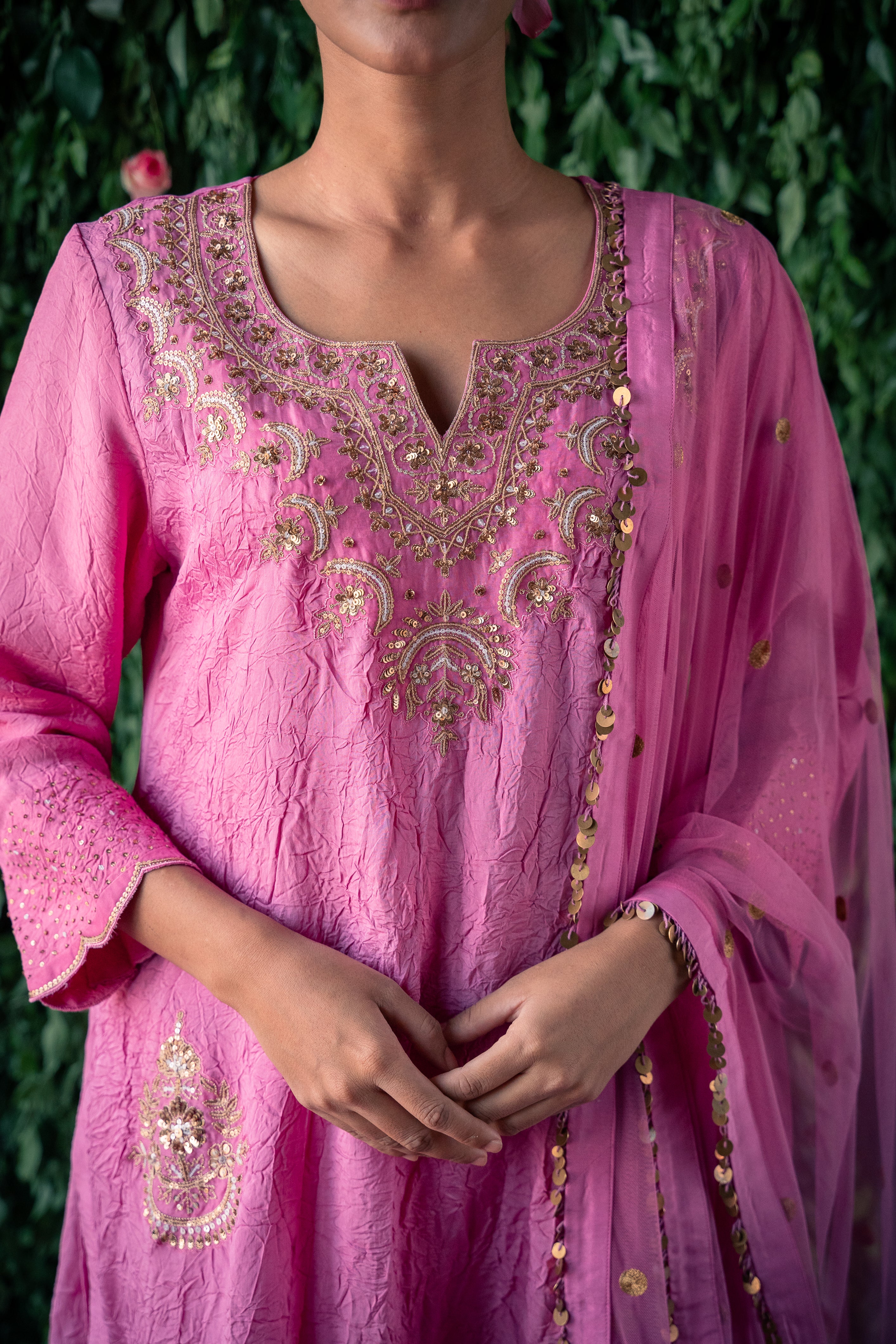 Crushed silk kurta with embroidery and silk pants  and Net dupatta