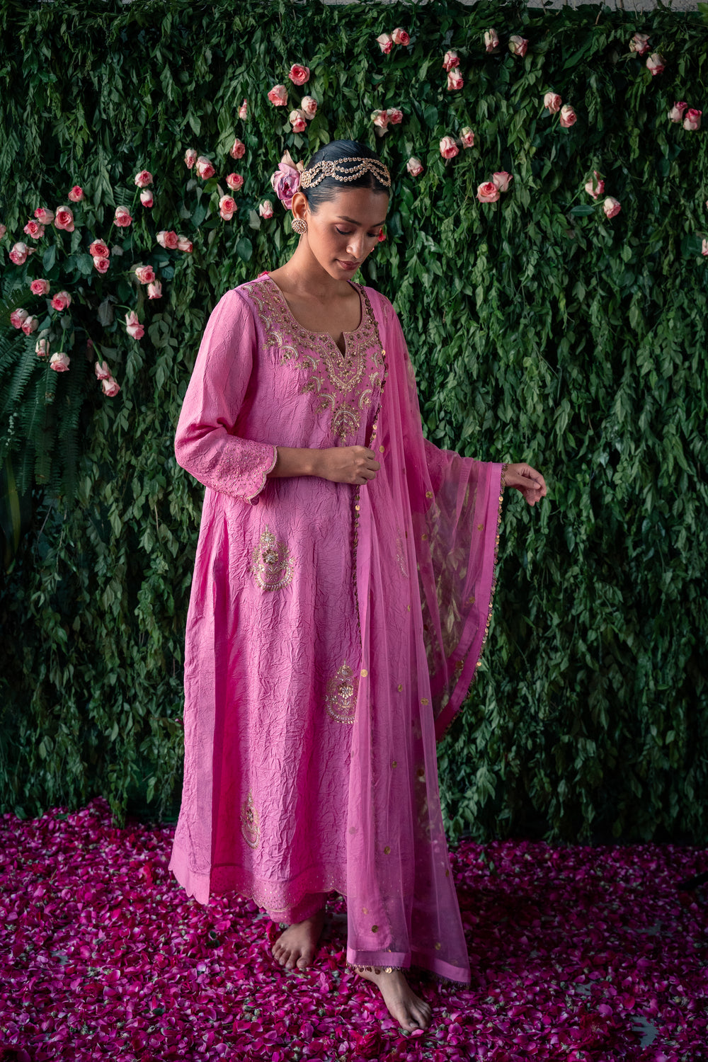 Crushed silk kurta with embroidery and silk pants  and Net dupatta