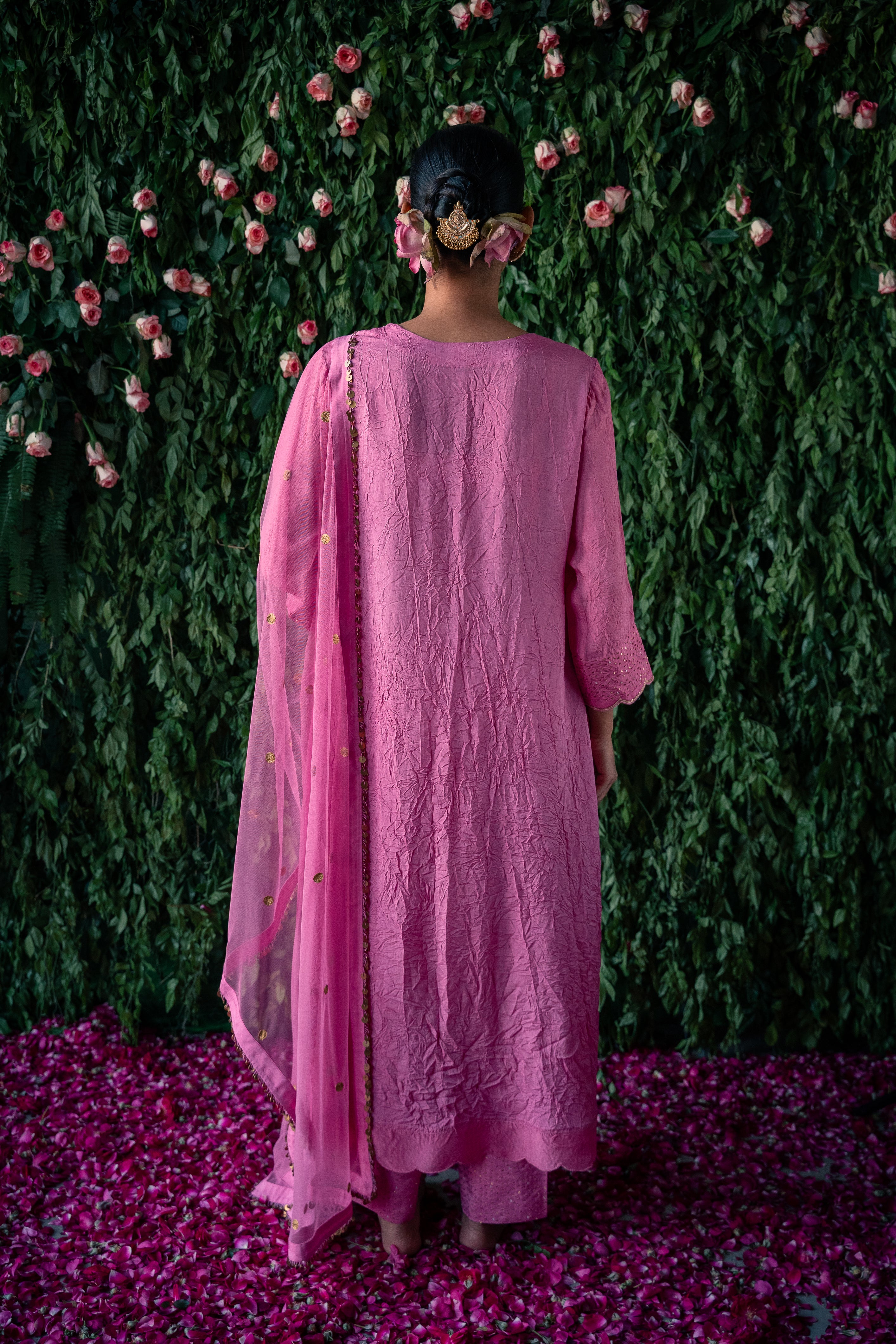 Crushed silk kurta with embroidery and silk pants  and Net dupatta