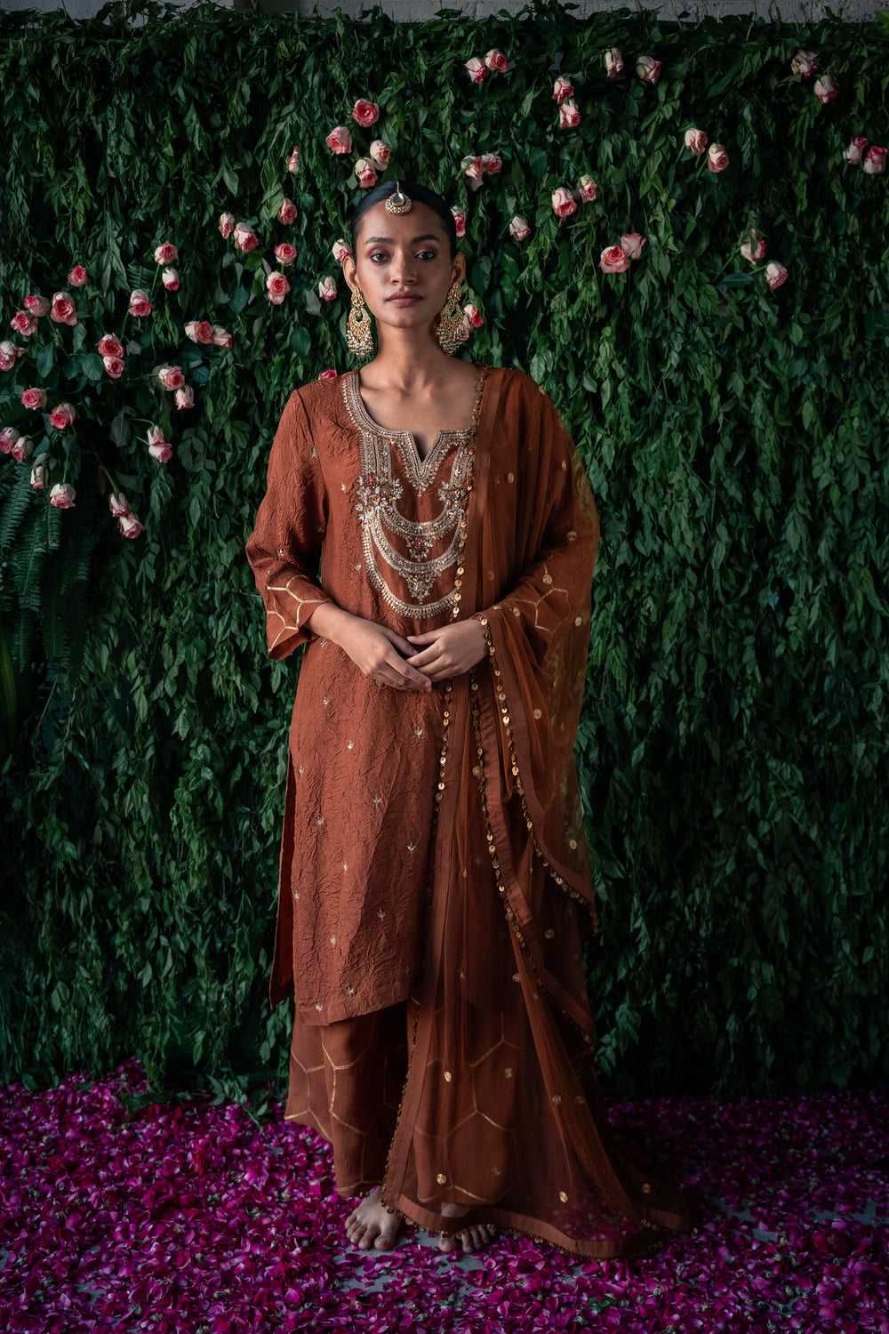 Crushed silk kurta with embroidery and farshi with Gota detailing and Net&nbsp; dupatta