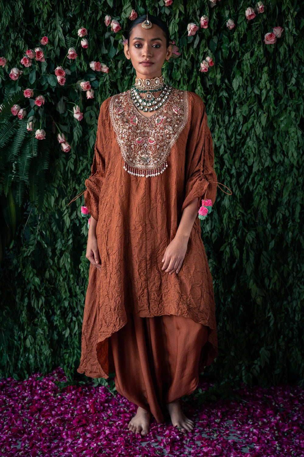 Crushed silk Indowestern Kaftan kurta with embroidery and harem silk pants