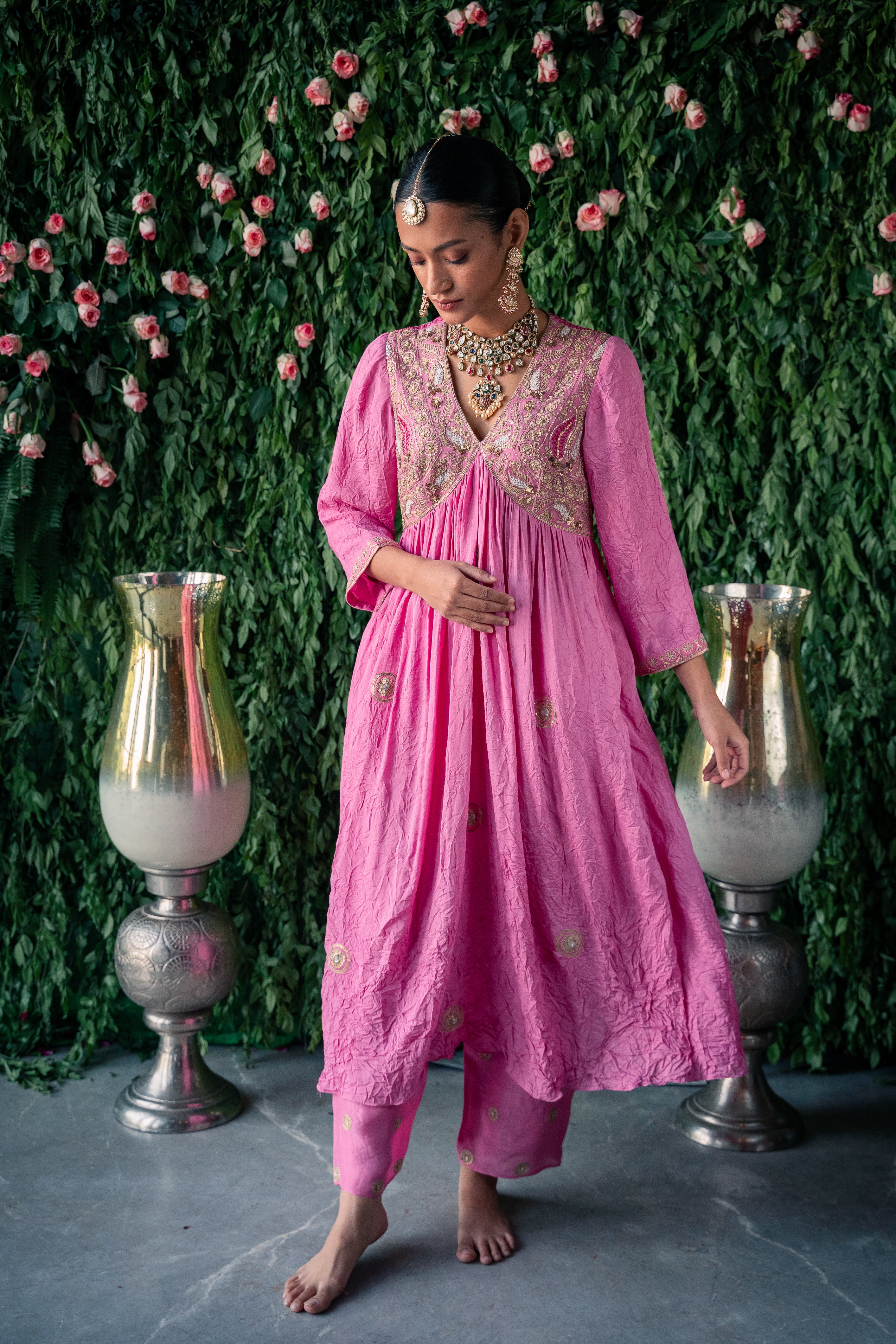 Crushed silk kurta with embroidery and silk pants with Net dupatta