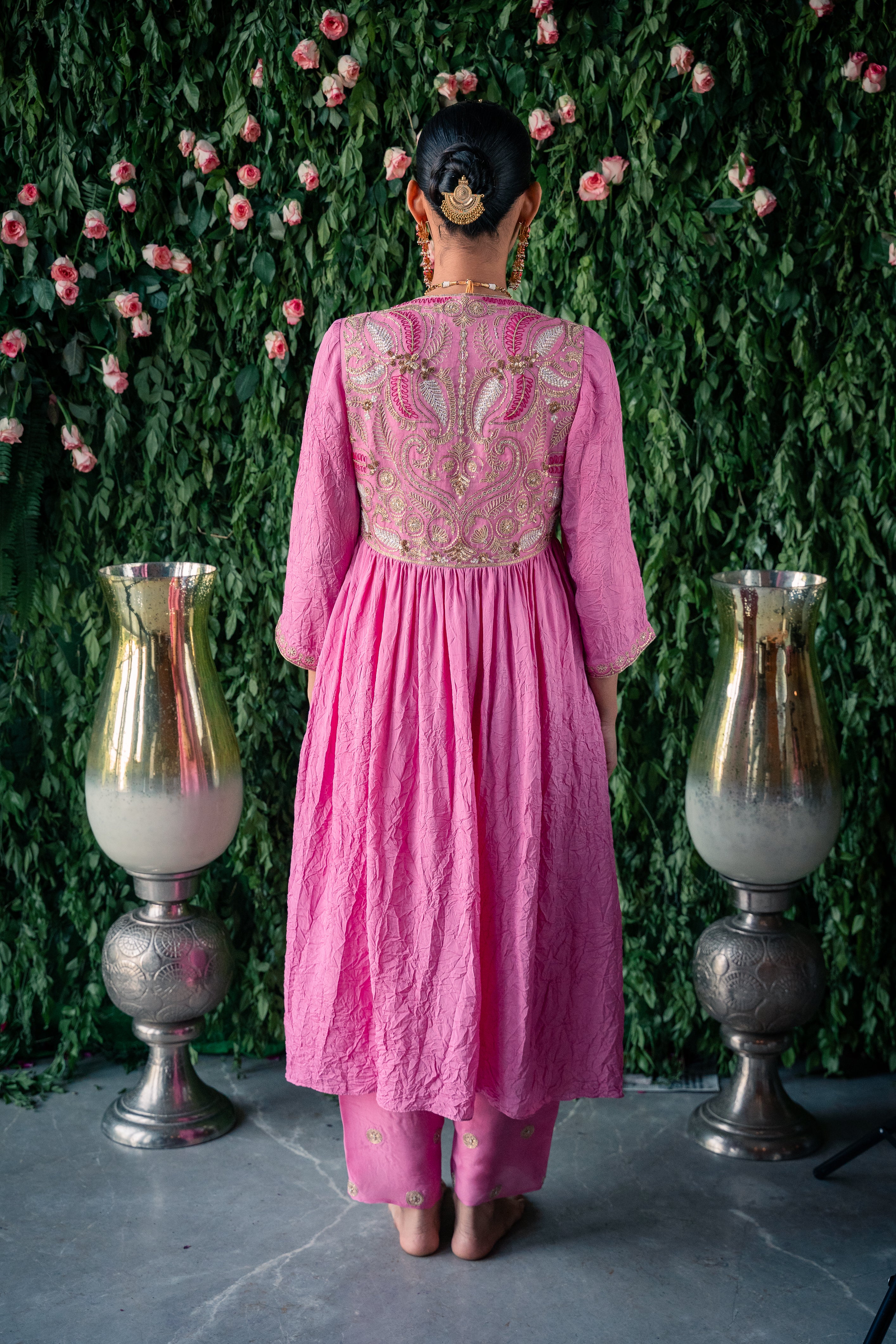 Crushed silk kurta with embroidery and silk pants with Net dupatta