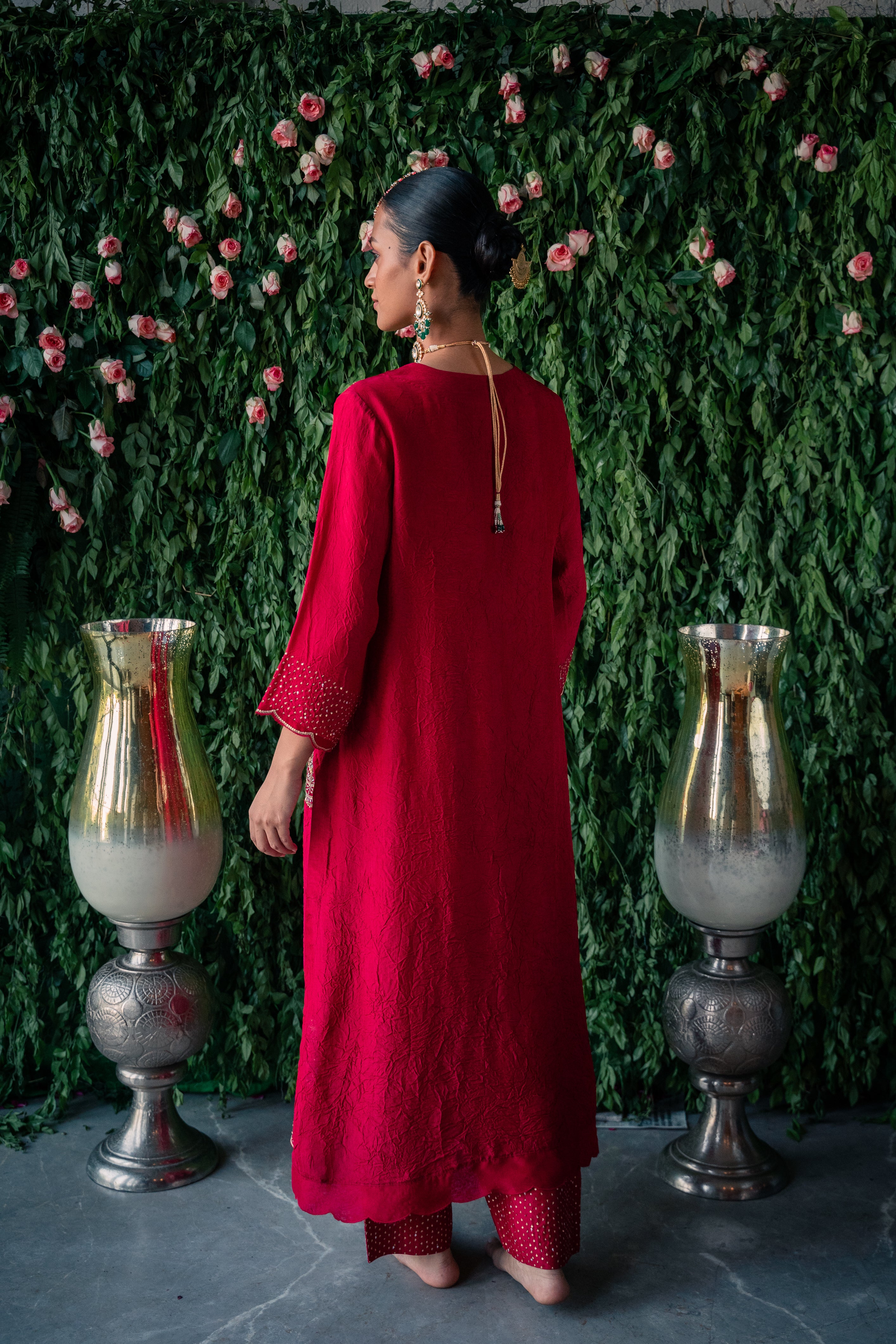 Crushed silk kurta with embroidery and silk pants and Net dupatta