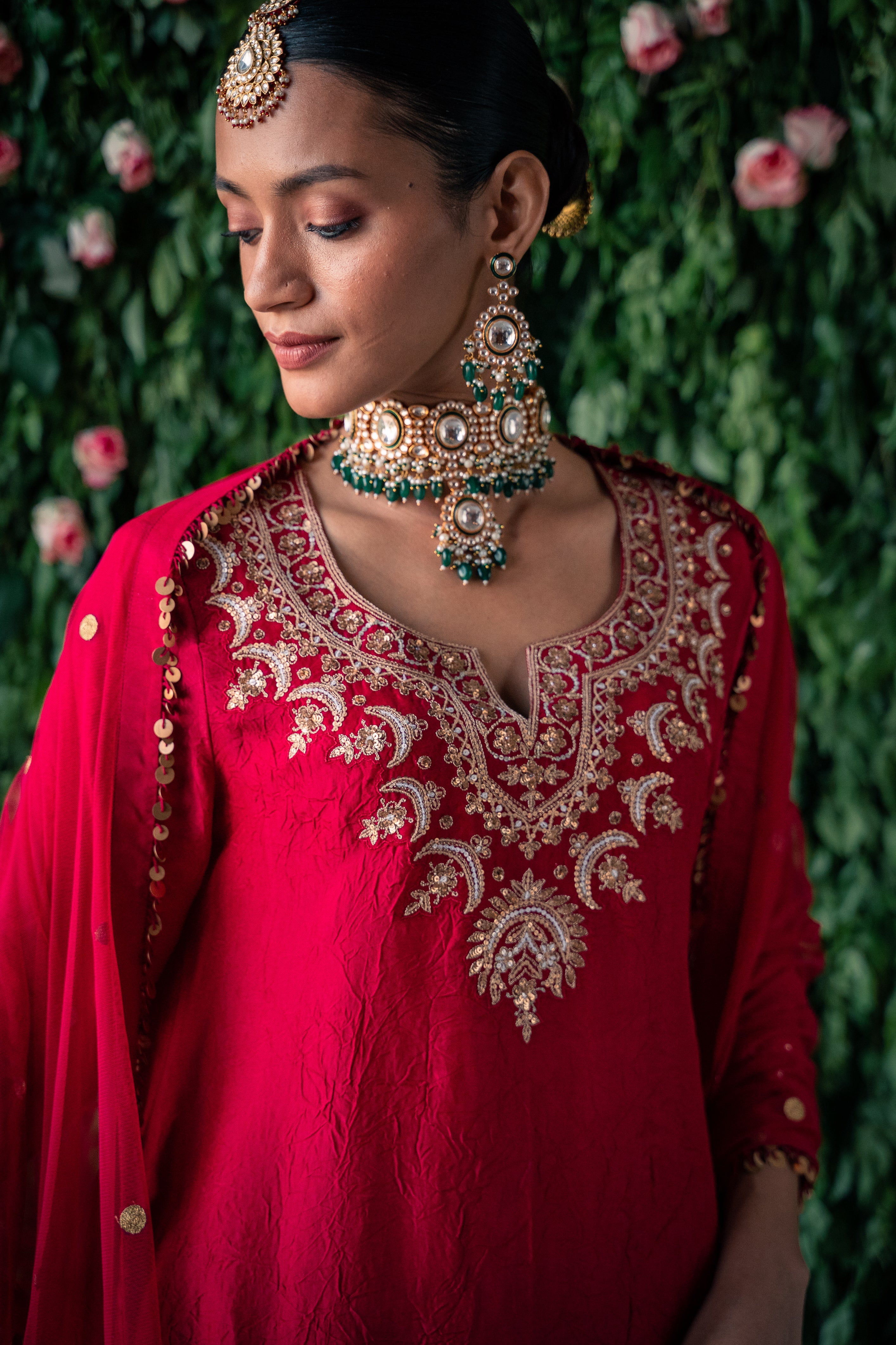 Crushed silk kurta with embroidery and silk pants and Net dupatta