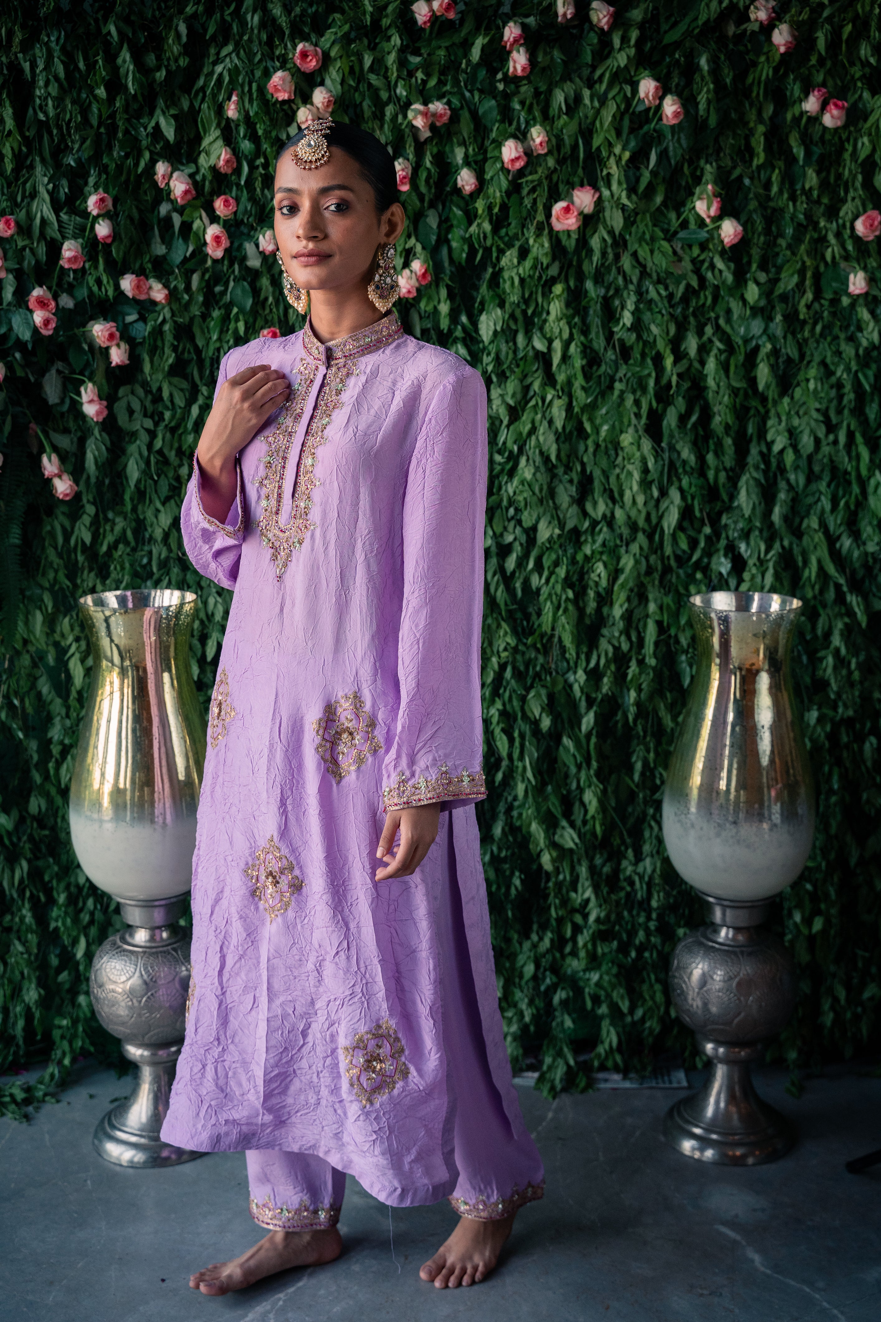 Crushed silk kurta with embroidery and silk pants and Silk organza dupatta